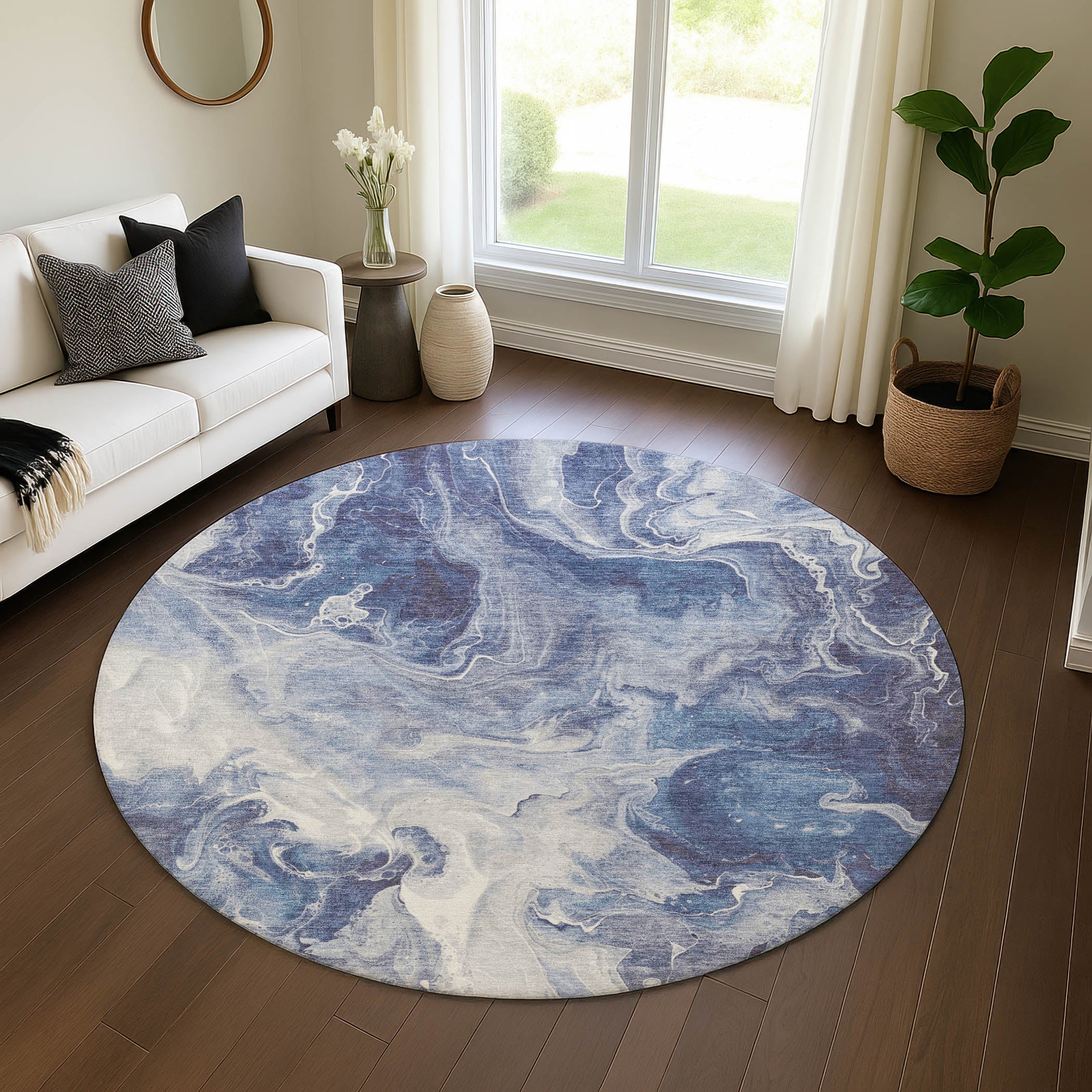 Chiang Mai Machine Washable Transitional Blue Rug 8' x 8' #shape_Round