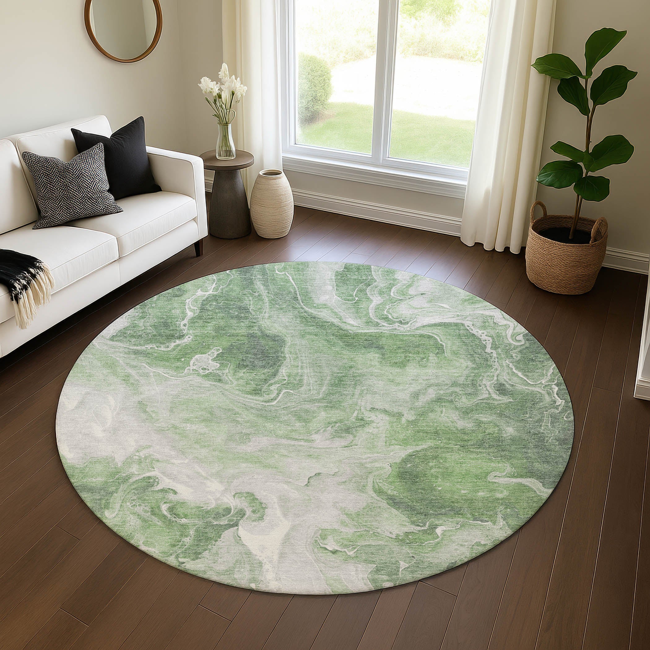 Chiang Mai Machine Washable Transitional Green Rug 8' x 8' #shape_Round