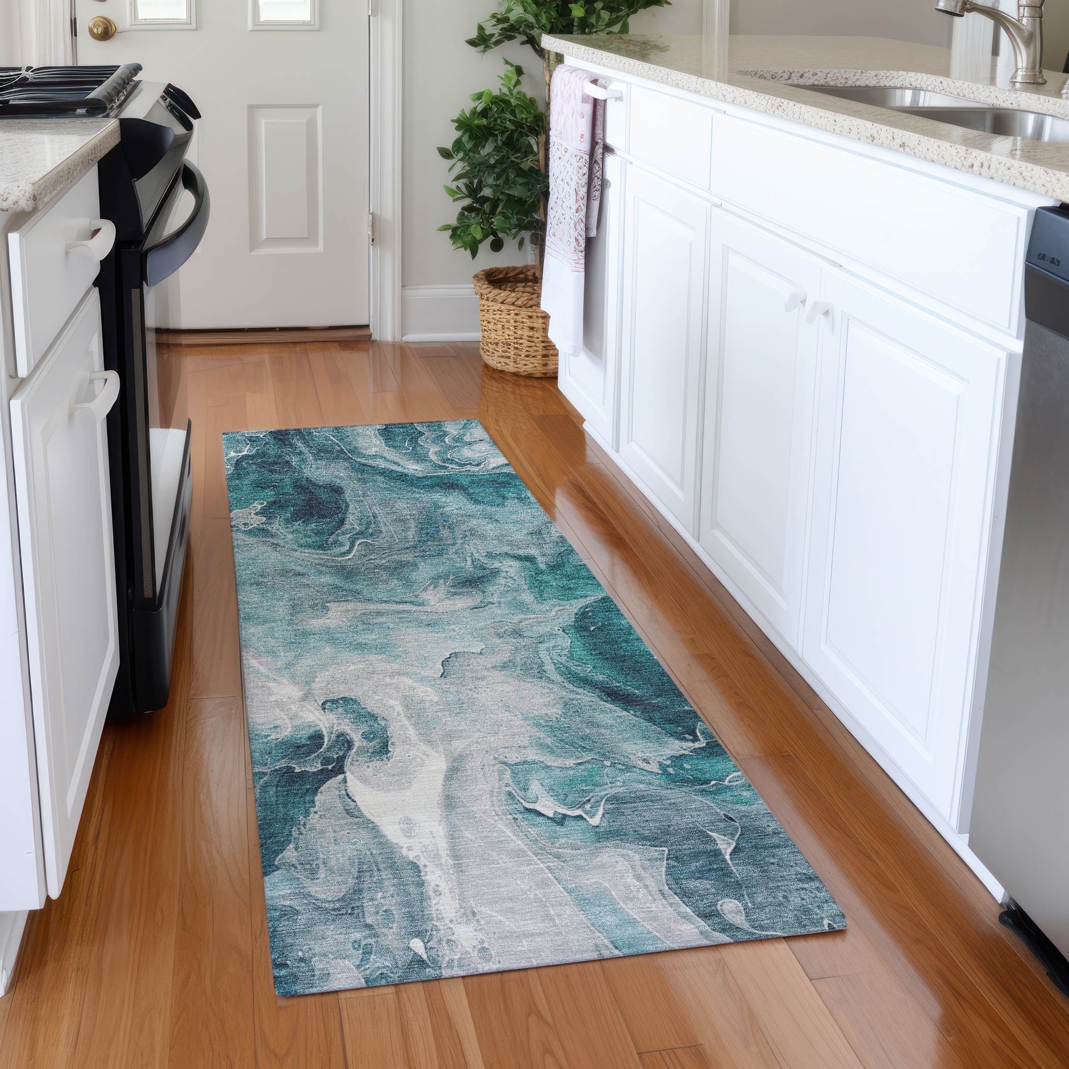 Chiang Mai Machine Washable Transitional Teal Rug 2'3" x 7'6" #shape_Runner