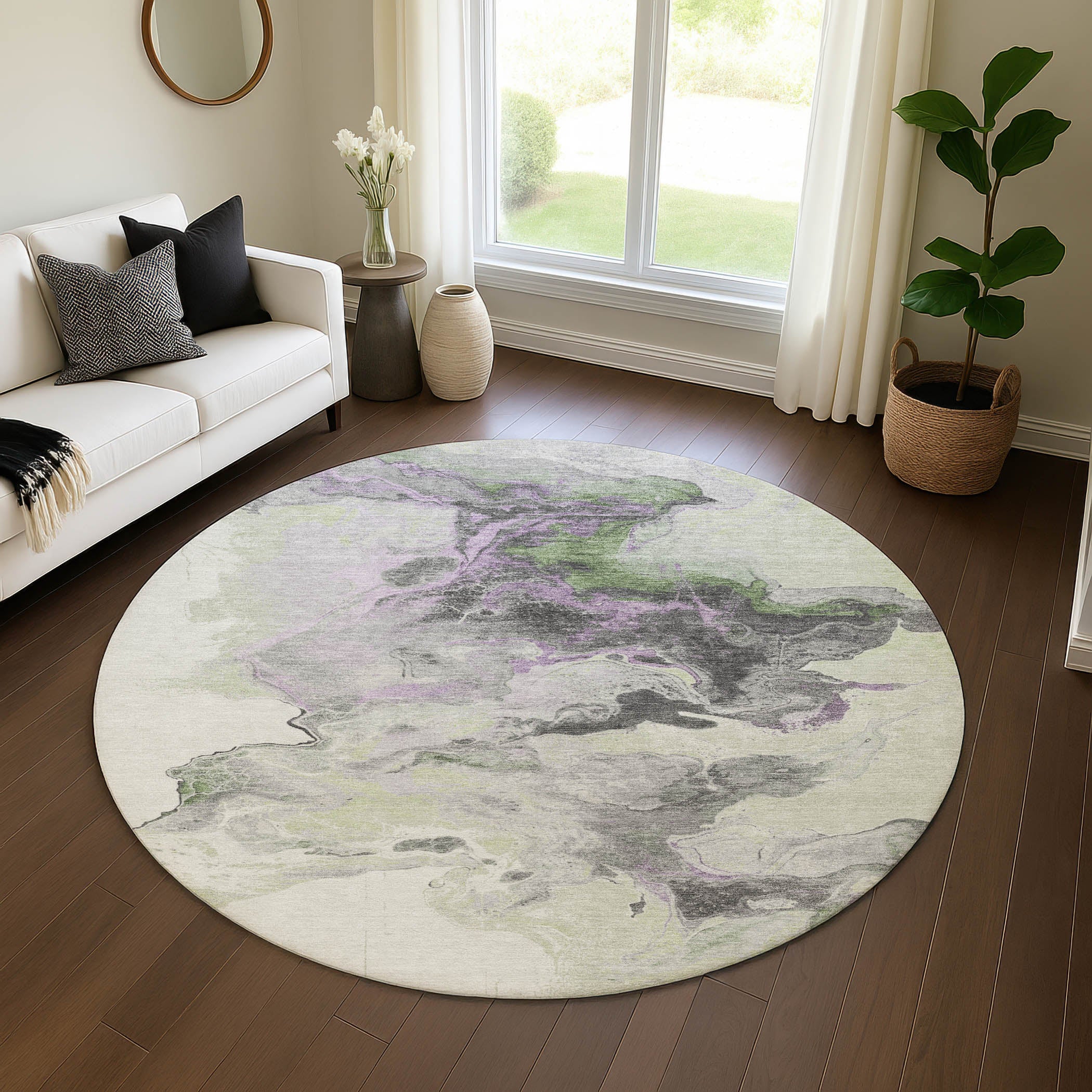 Split Machine Washable Transitional Aloe Green Rug 8' x 8' #shape_Round