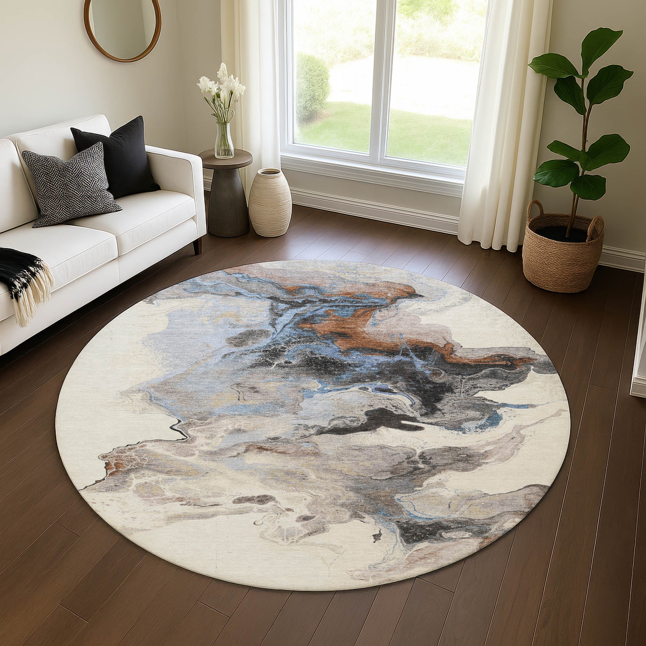Split Machine Washable Transitional Beige Brown Rug 8' x 8' #shape_Round