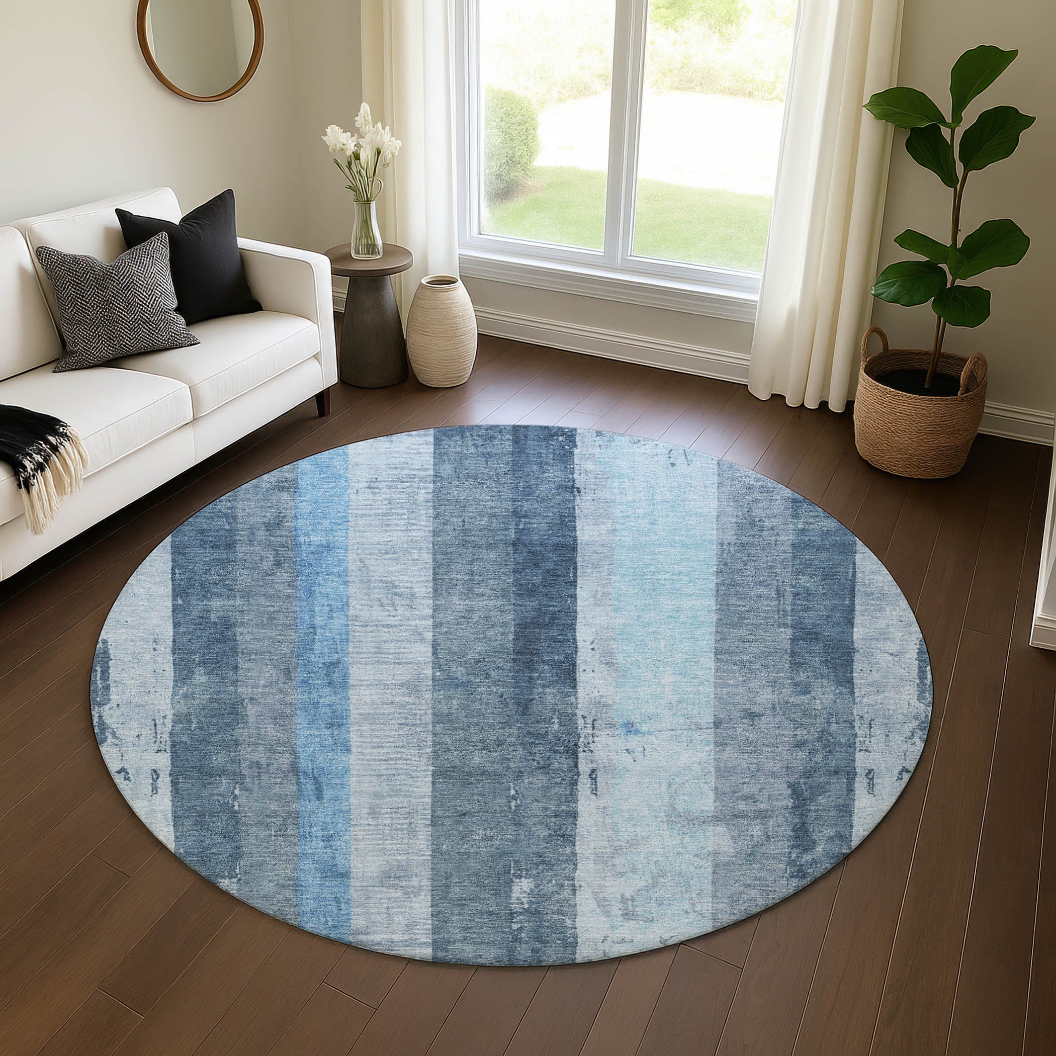 Antigua Machine Washable Transitional Blue Rug 8' x 8' #shape_Round