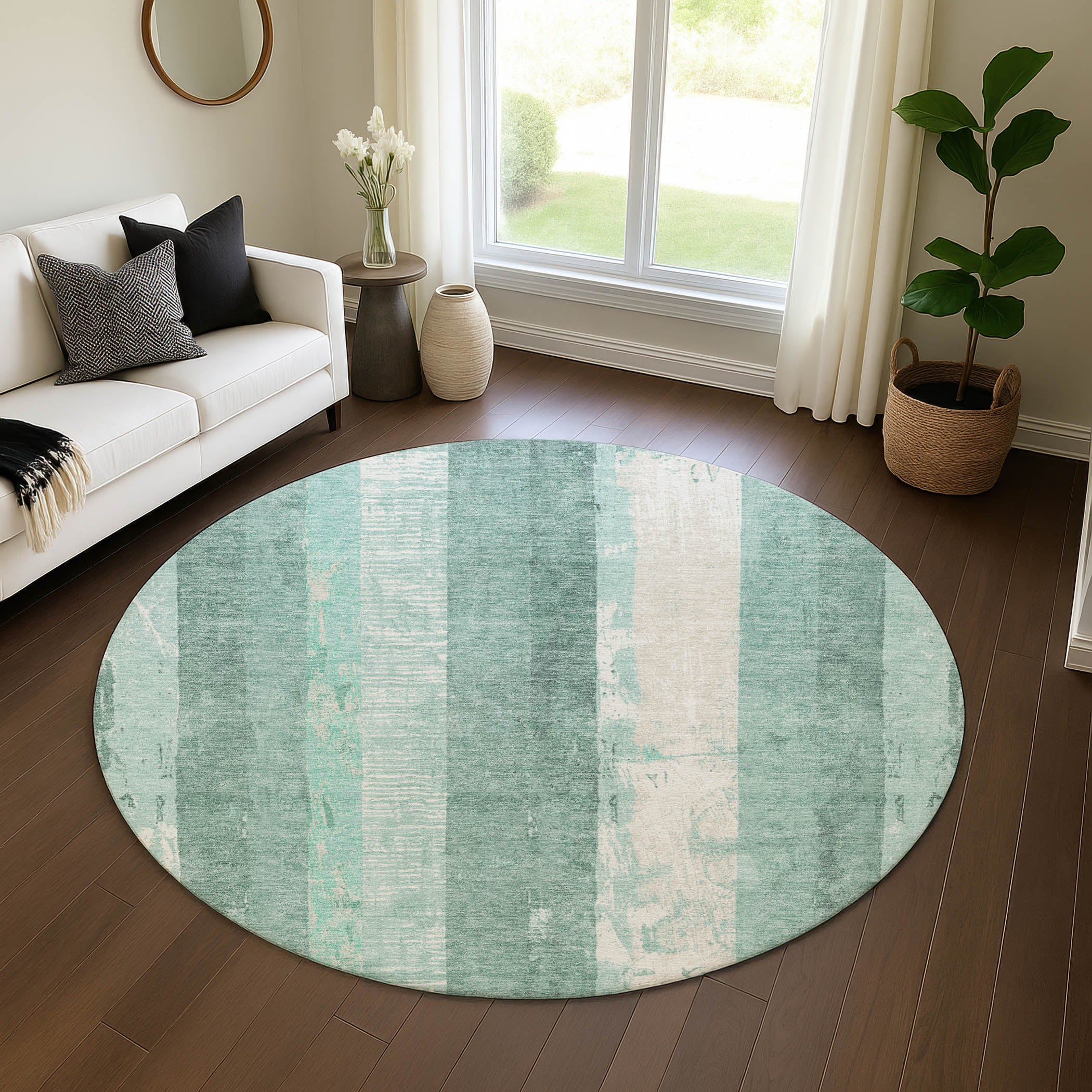 Antigua Machine Washable Transitional Seafoam Blue Rug 8' x 8' #shape_Round