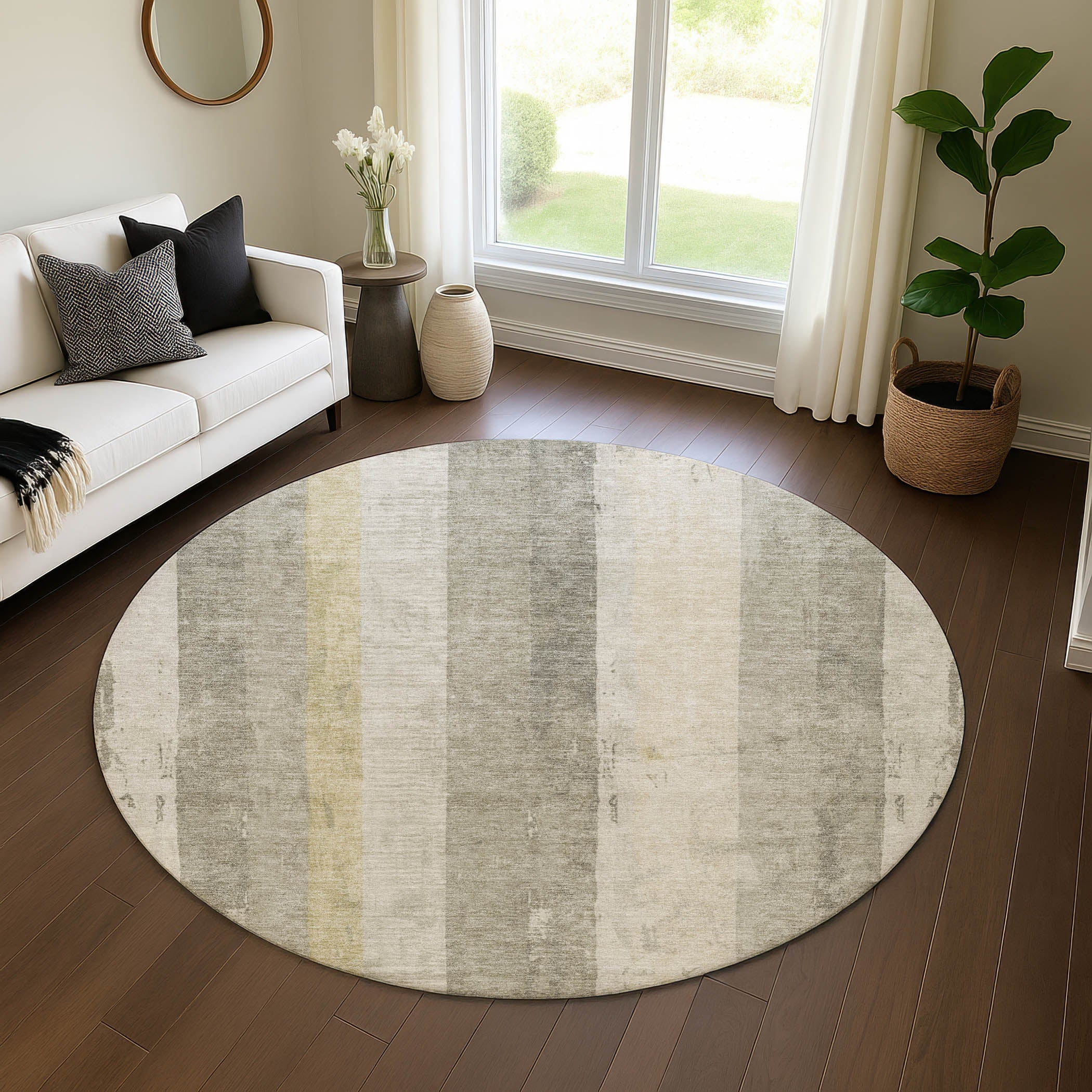 Antigua Machine Washable Transitional Taupe Brown Rug 8' x 8' #shape_Round