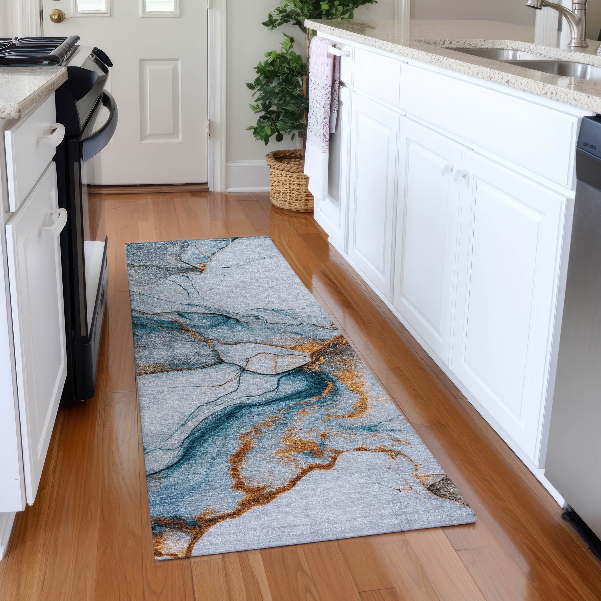 Bruges Machine Washable Transitional Sky Blue Rug 2'3" x 7'6" #shape_Runner