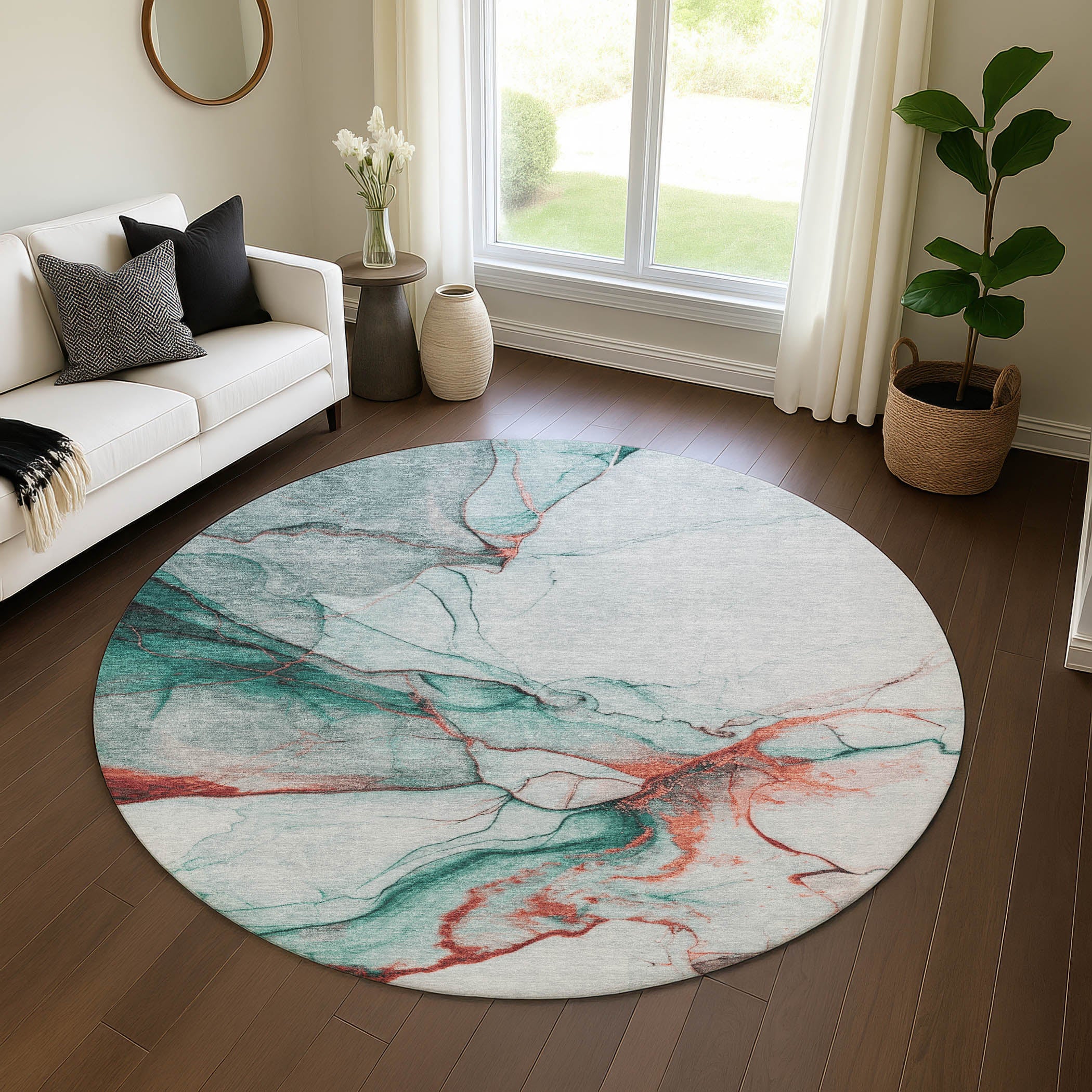 Bruges Machine Washable Transitional Teal Rug 8' x 8' #shape_Round