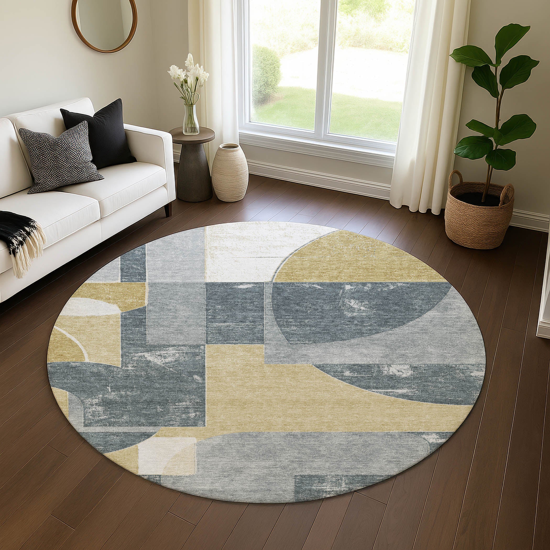 Queenstown Machine Washable Transitional Gray Rug 8' x 8' #shape_Round