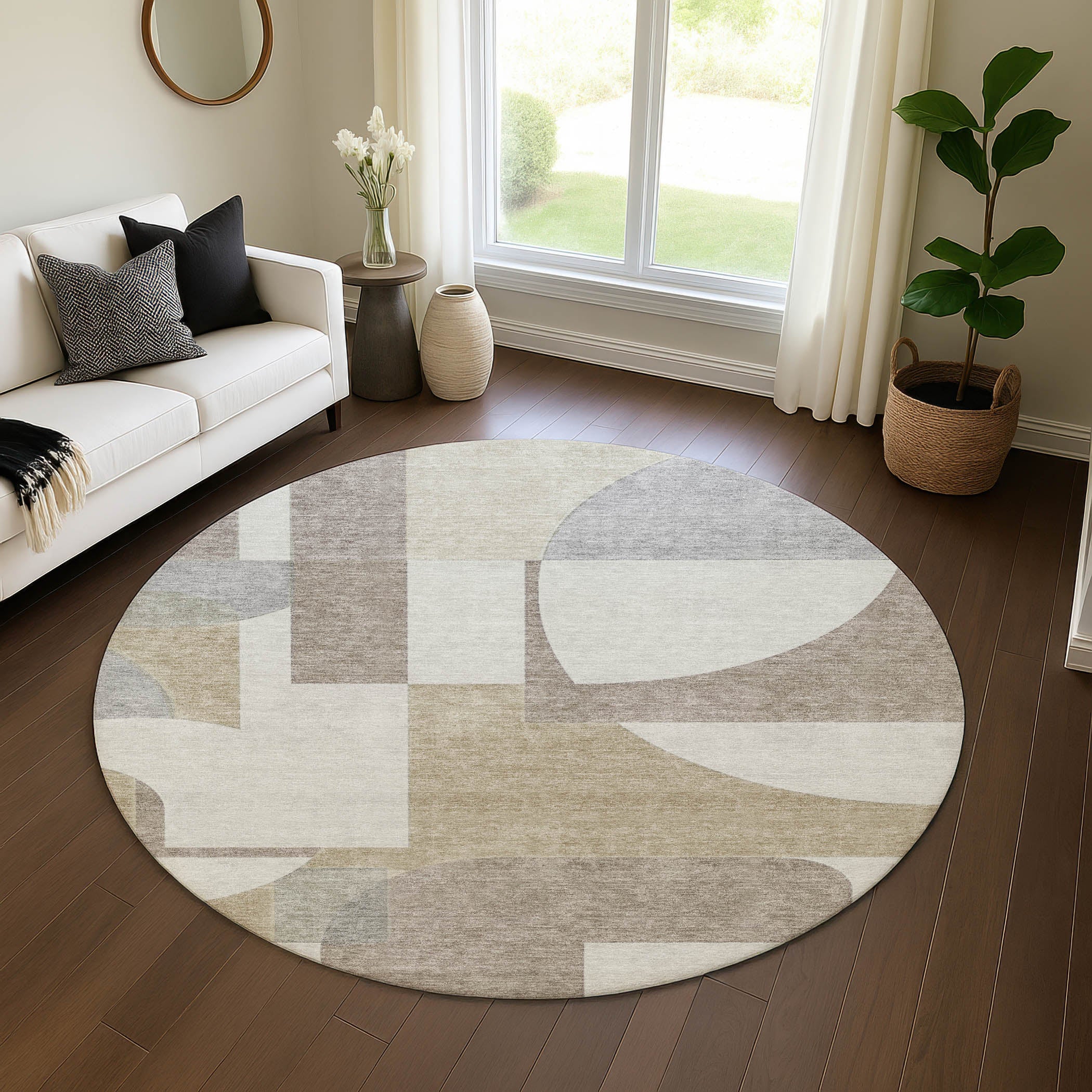 Queenstown Machine Washable Transitional Khaki Brown Rug 8' x 8' #shape_Round