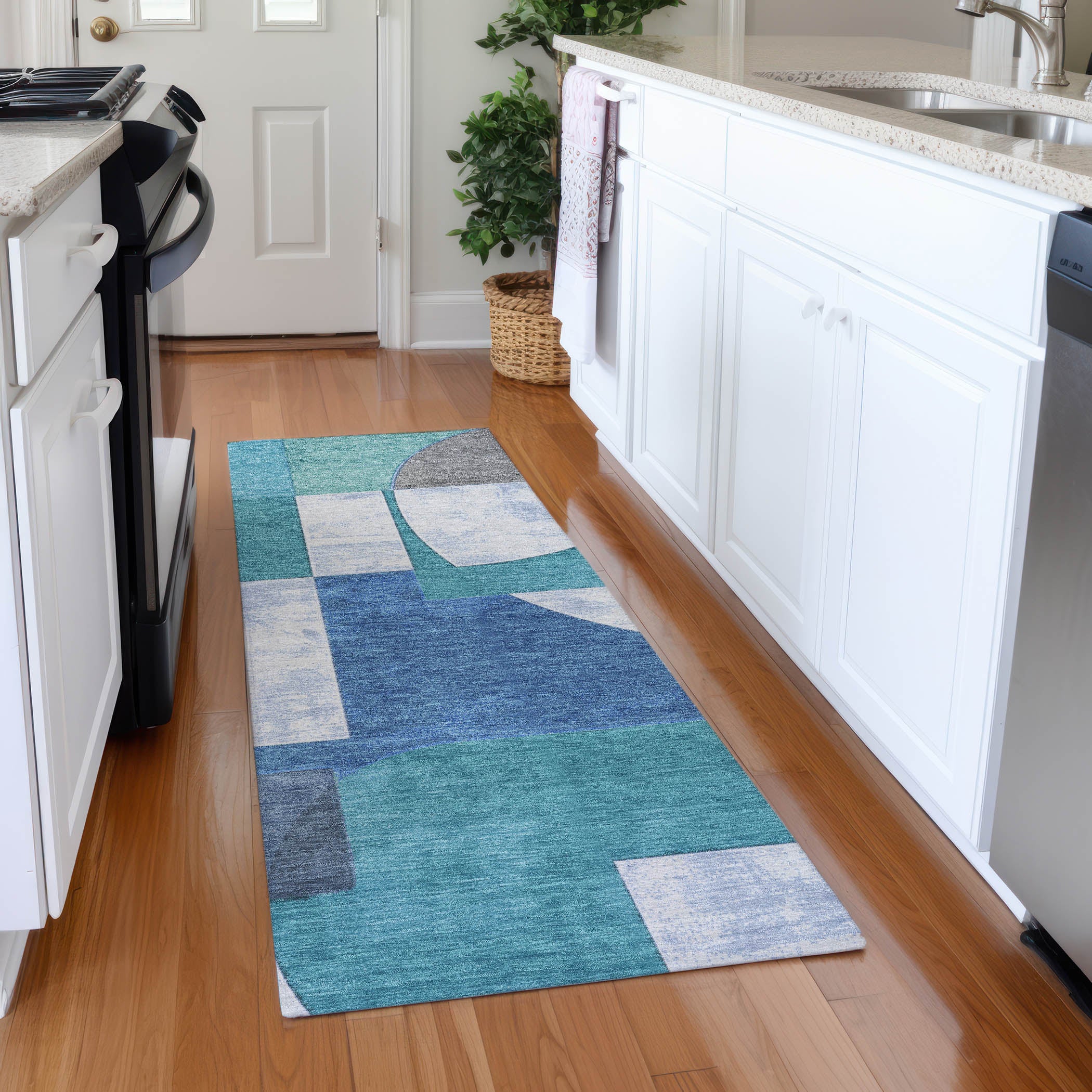 Queenstown Machine Washable Transitional Teal Rug 2'3" x 7'6" #shape_Runner