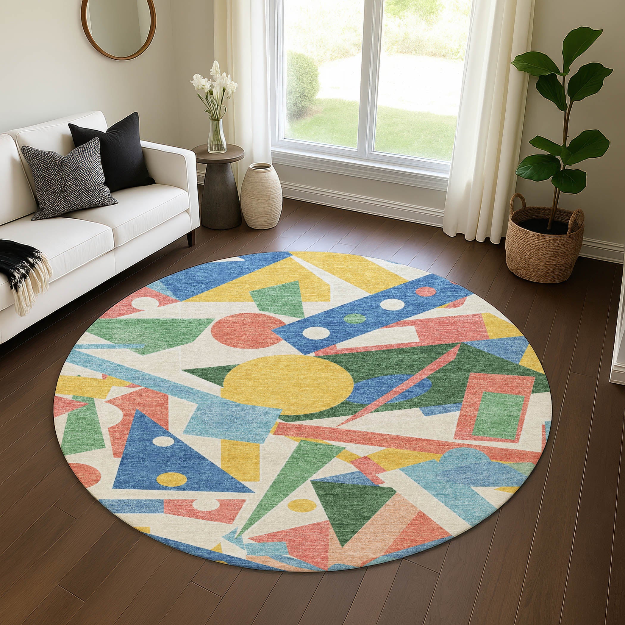 Seville Machine Washable Transitional Blue Rug 8' x 8' #shape_Round