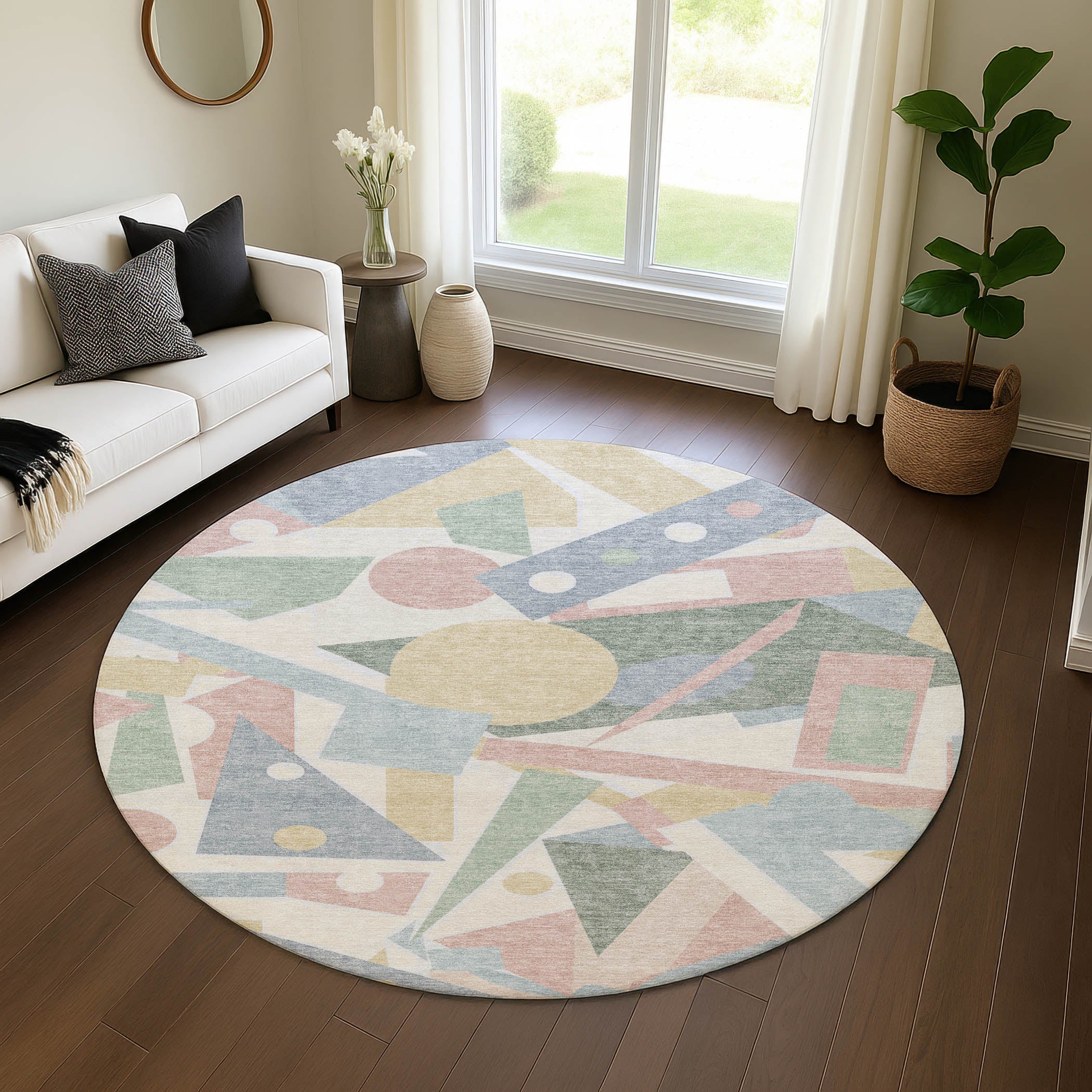 Seville Machine Washable Transitional Sky Blue Rug 8' x 8' #shape_Round