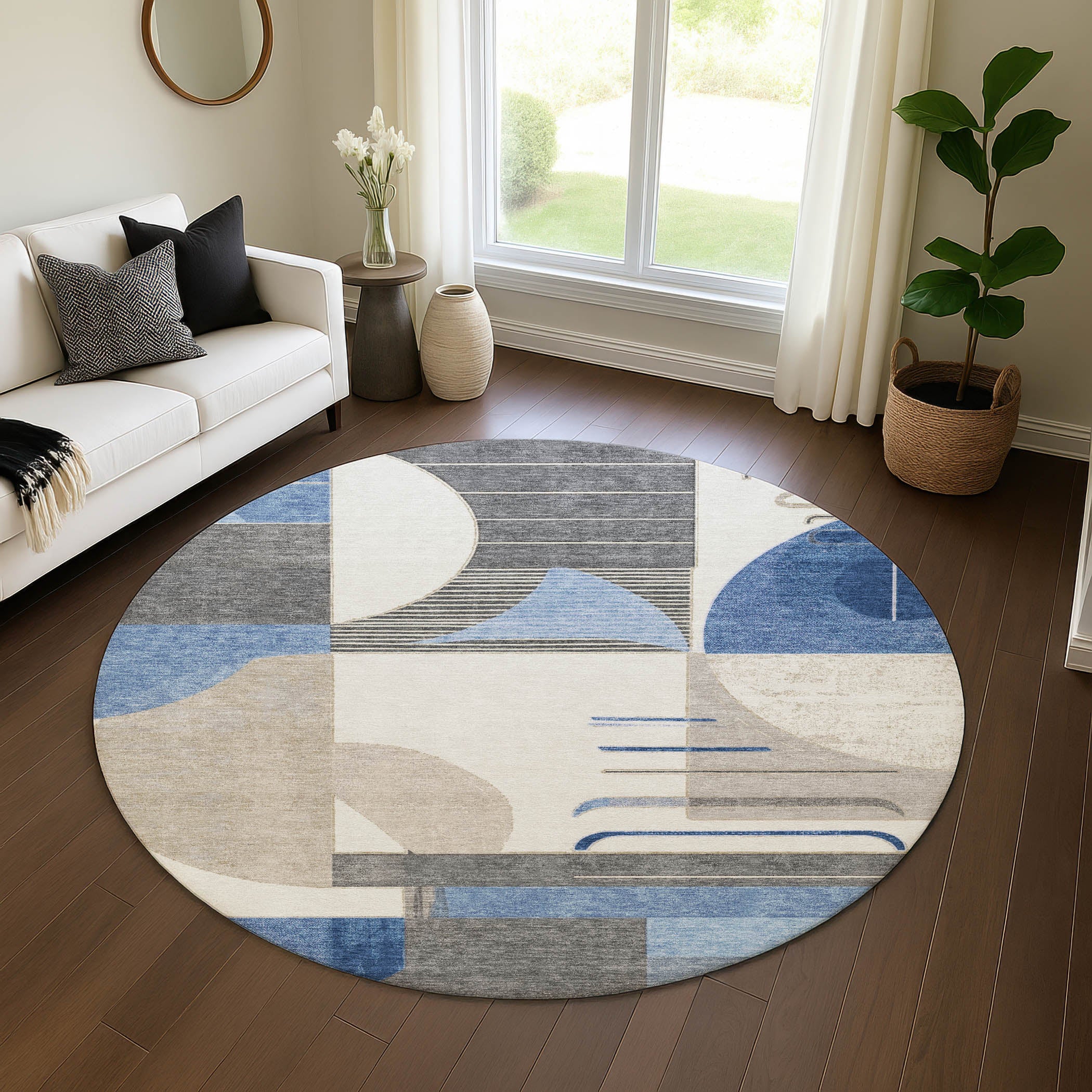 Oaxaca Machine Washable Transitional Blue Rug 8' x 8' #shape_Round