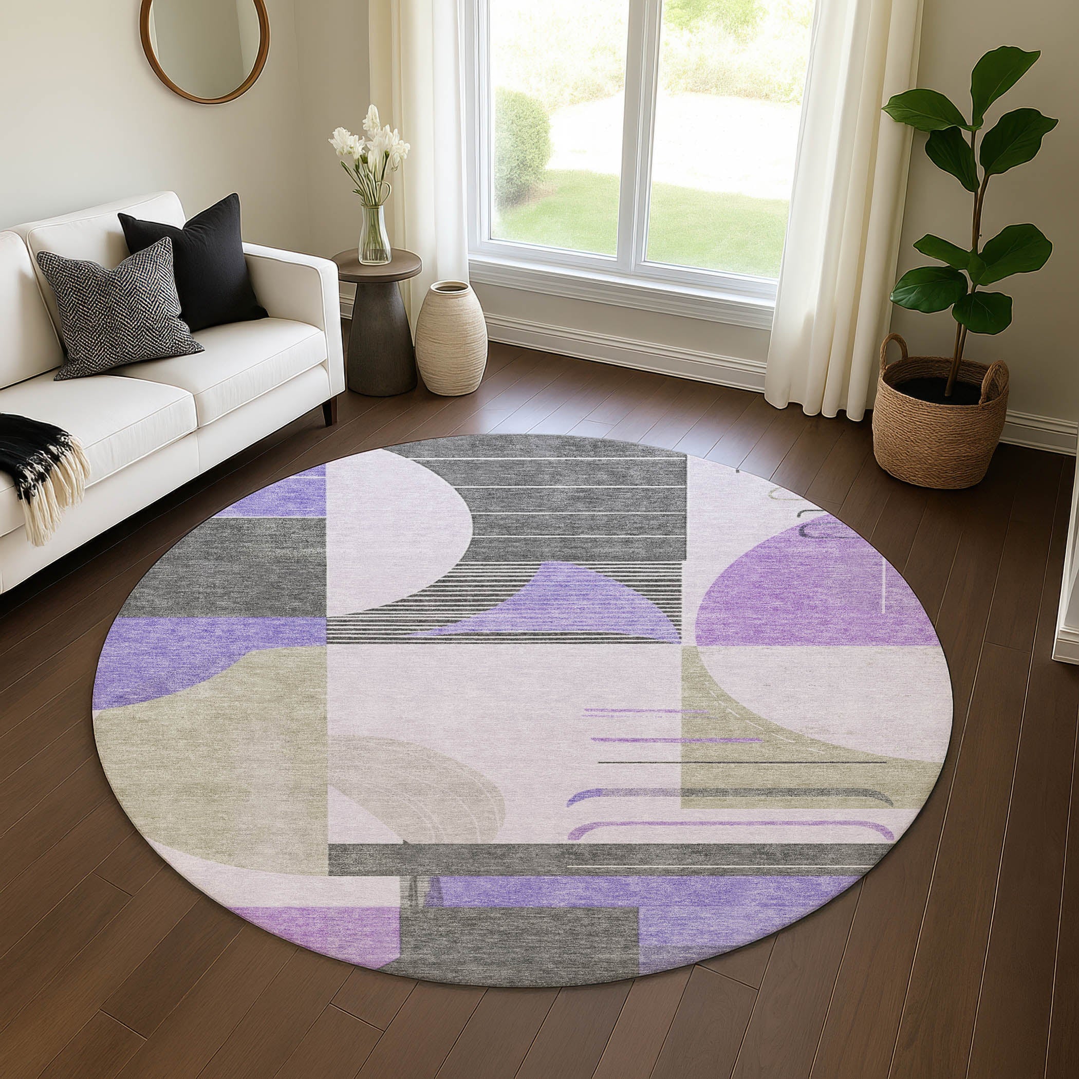 Oaxaca Machine Washable Transitional Lavender Purple Rug 8' x 8' #shape_Round