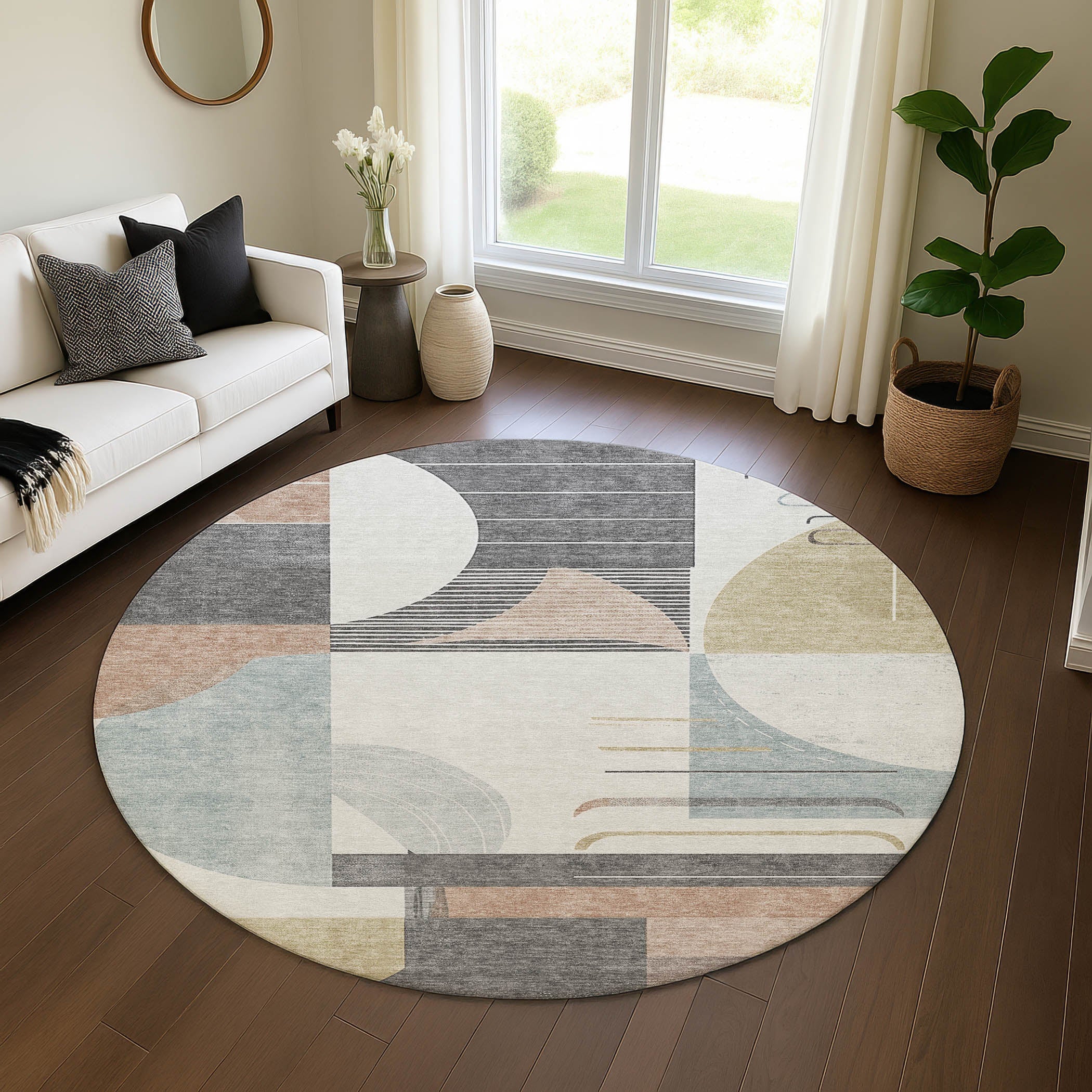 Oaxaca Machine Washable Transitional Paprika Orange Rug 8' x 8' #shape_Round