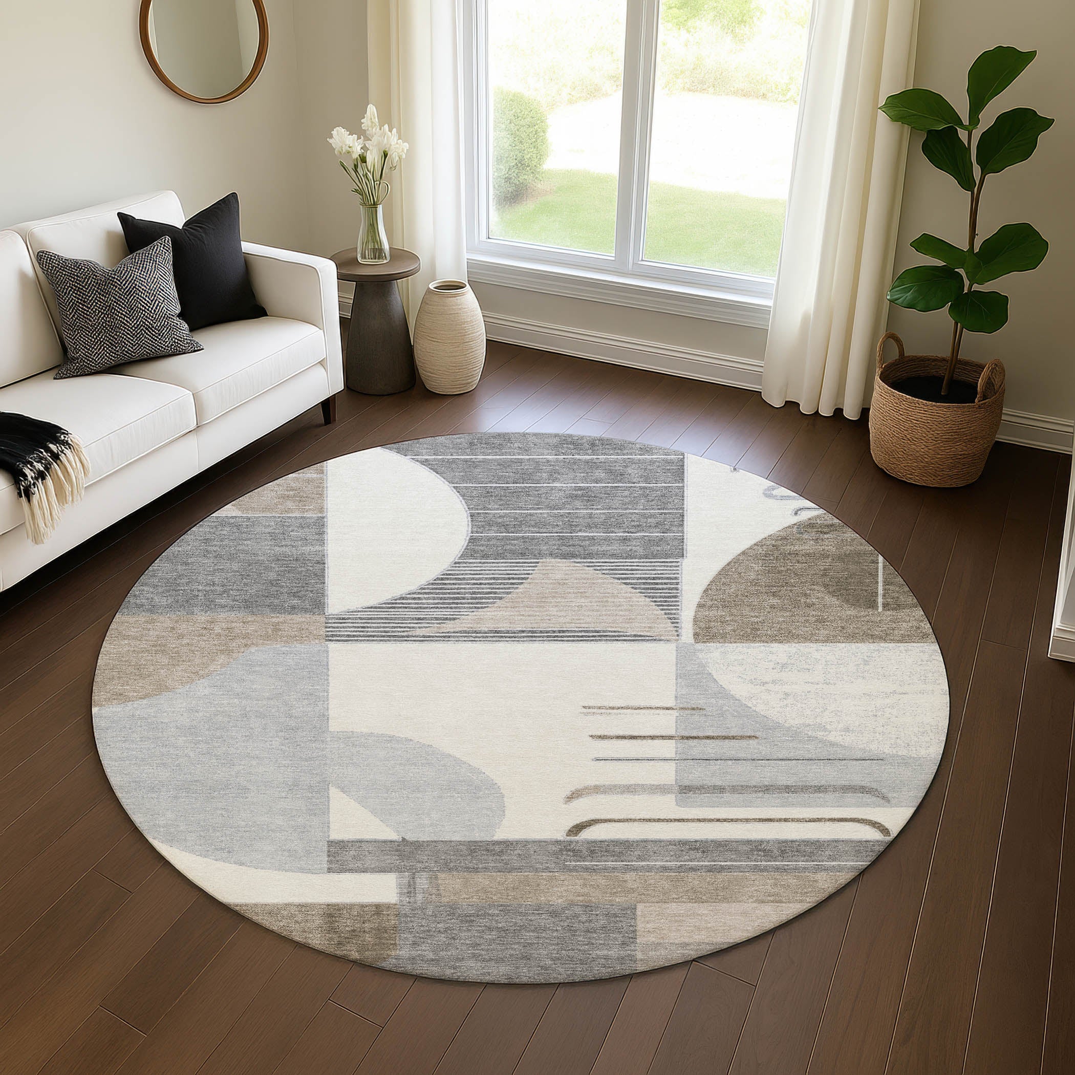Oaxaca Machine Washable Transitional Taupe Brown Rug 8' x 8' #shape_Round