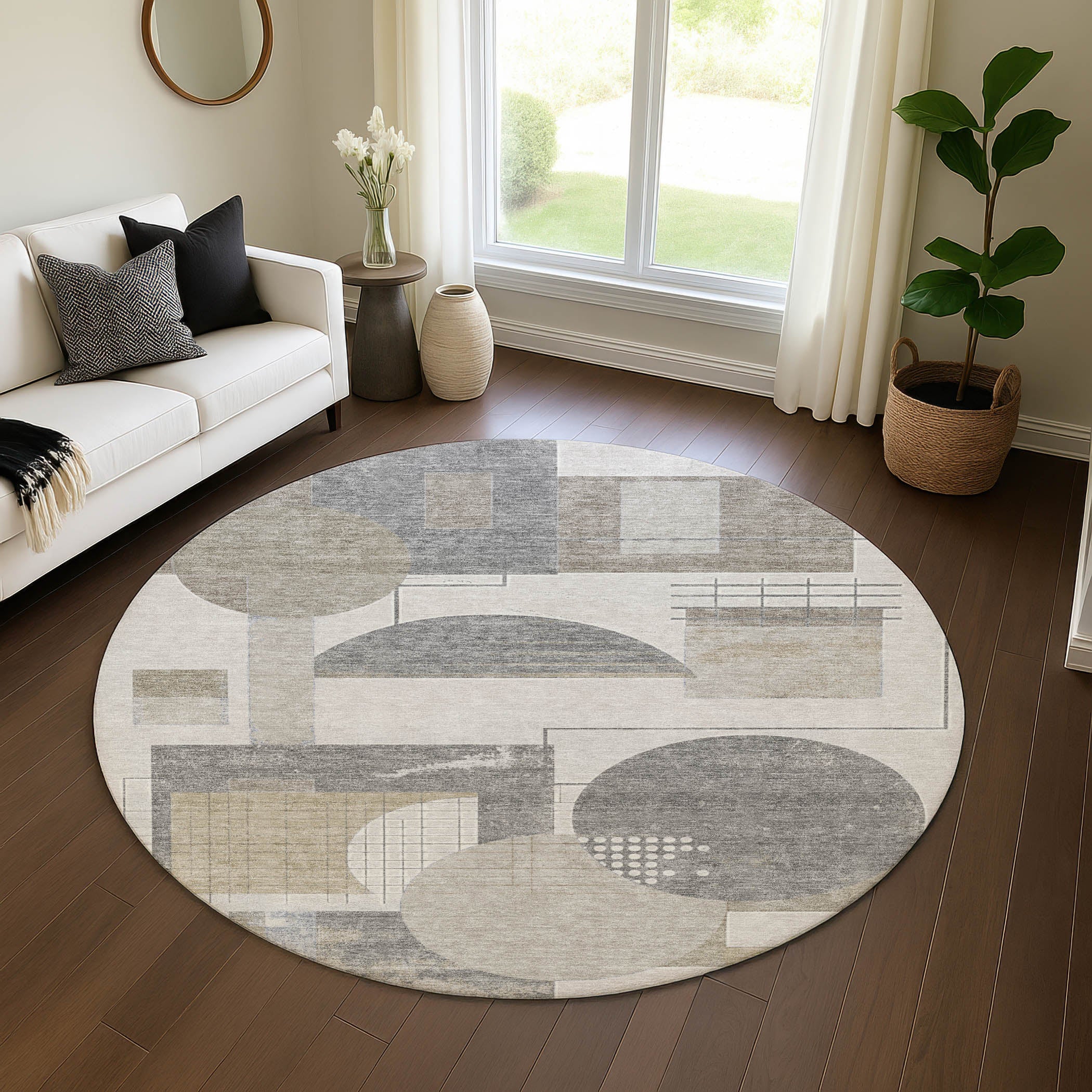Split Machine Washable Transitional Beige Brown Rug 8' x 8' #shape_Round