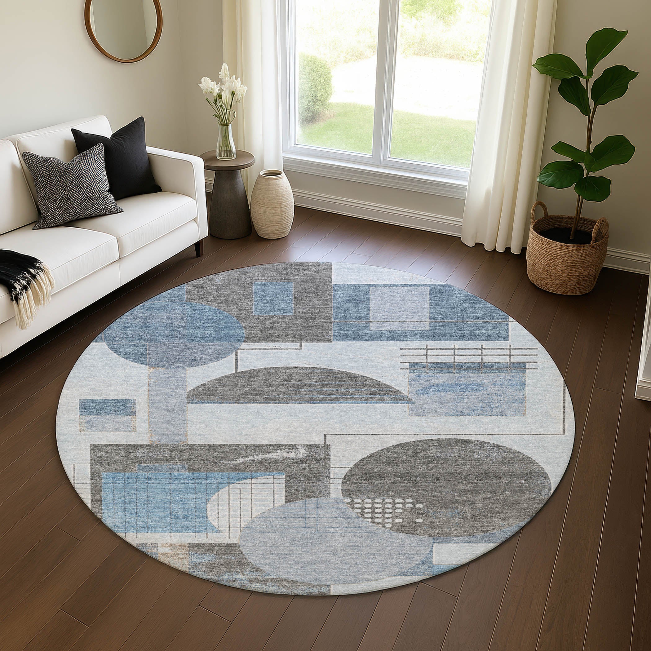 Split Machine Washable Transitional Blue Rug 8' x 8' #shape_Round
