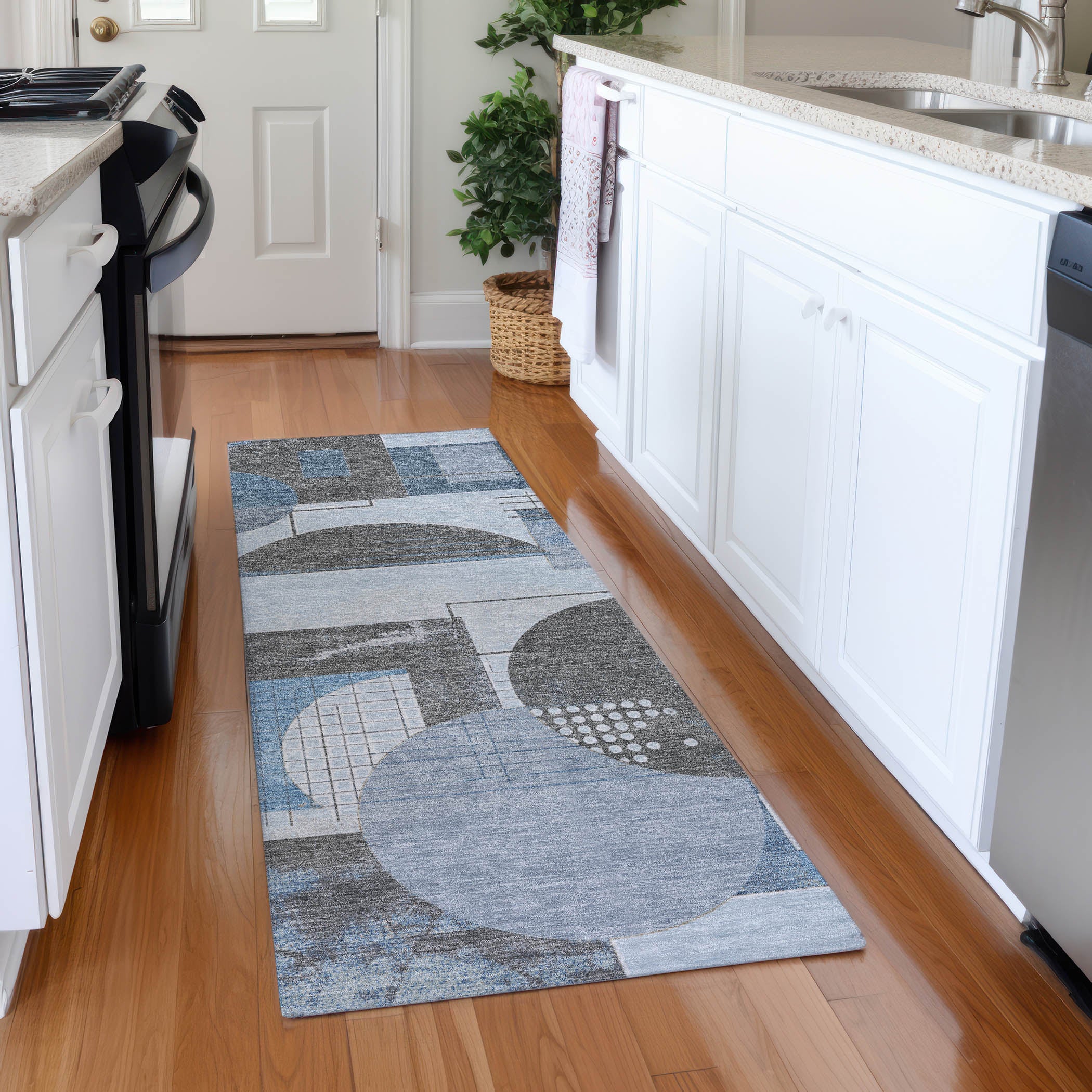 Split Machine Washable Transitional Blue Rug 2'3" x 7'6" #shape_Runner