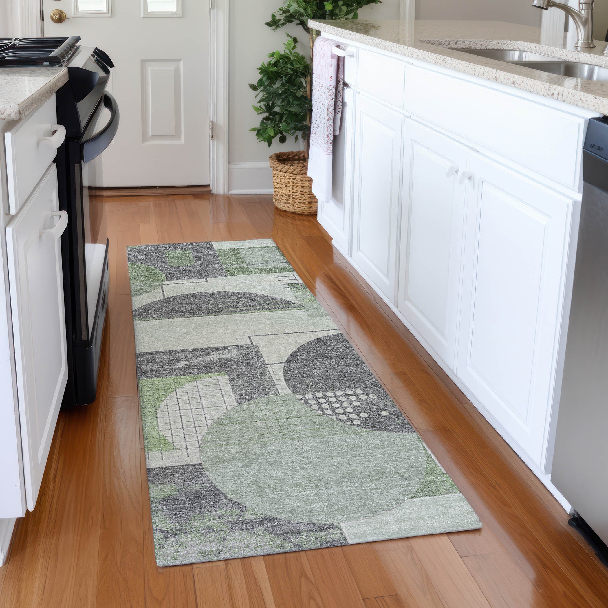 Split Machine Washable Transitional Green Rug 2'3" x 7'6" #shape_Runner
