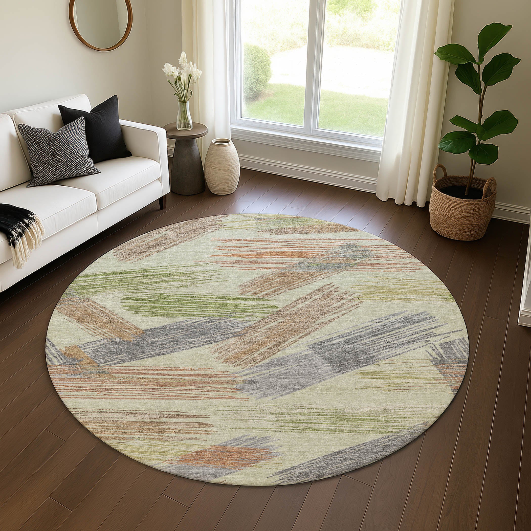 Bruges Machine Washable Transitional Aloe Green Rug 8' x 8' #shape_Round
