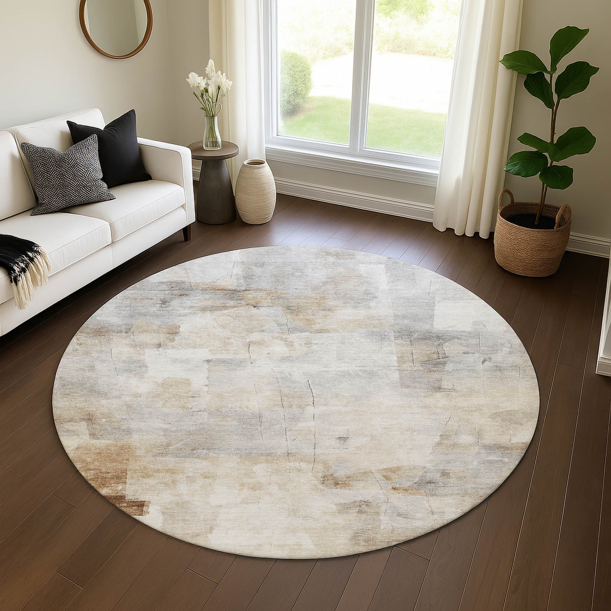 Dublin Machine Washable Transitional Beige Brown Rug 8' x 8' #shape_Round