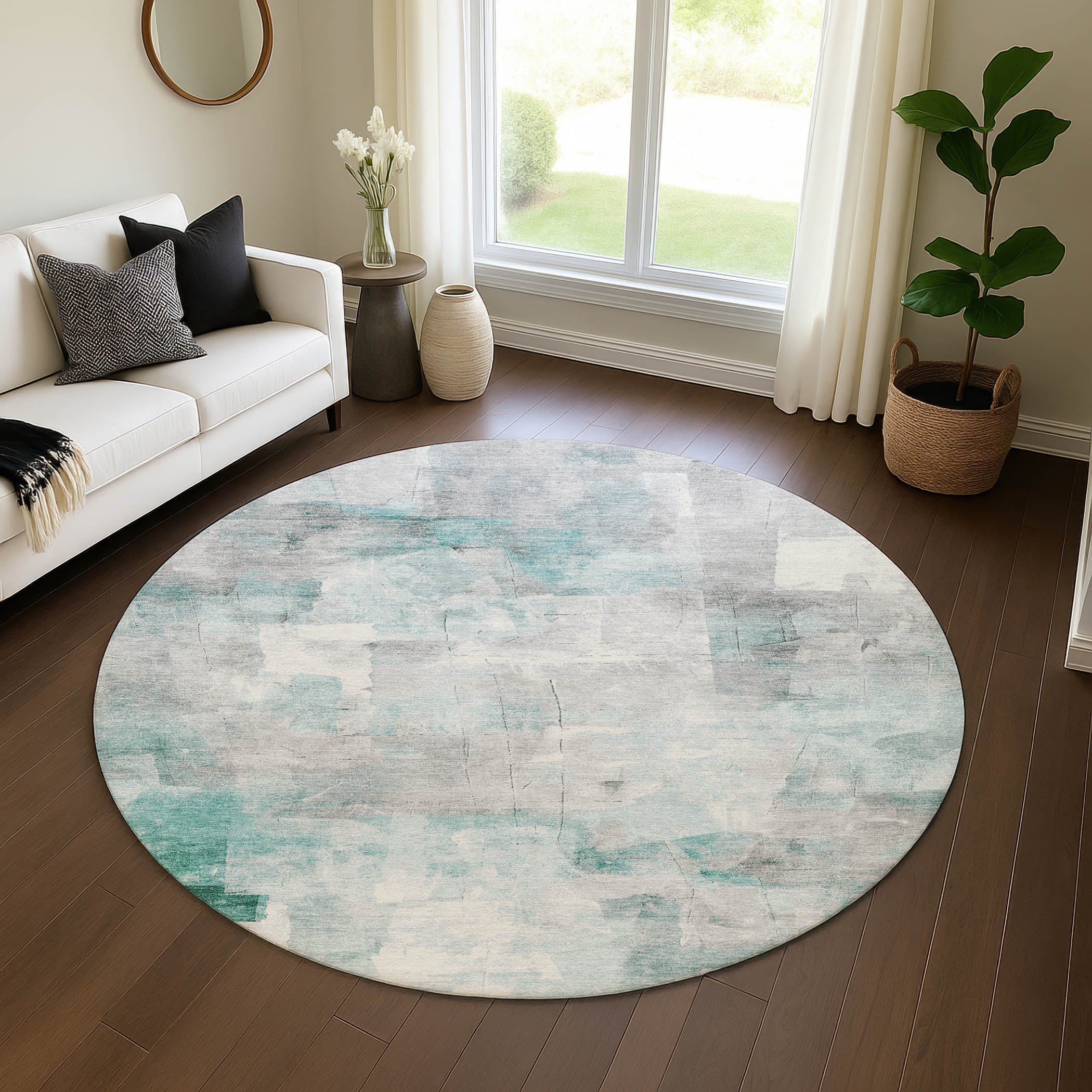 Dublin Machine Washable Transitional Teal Rug 8' x 8' #shape_Round
