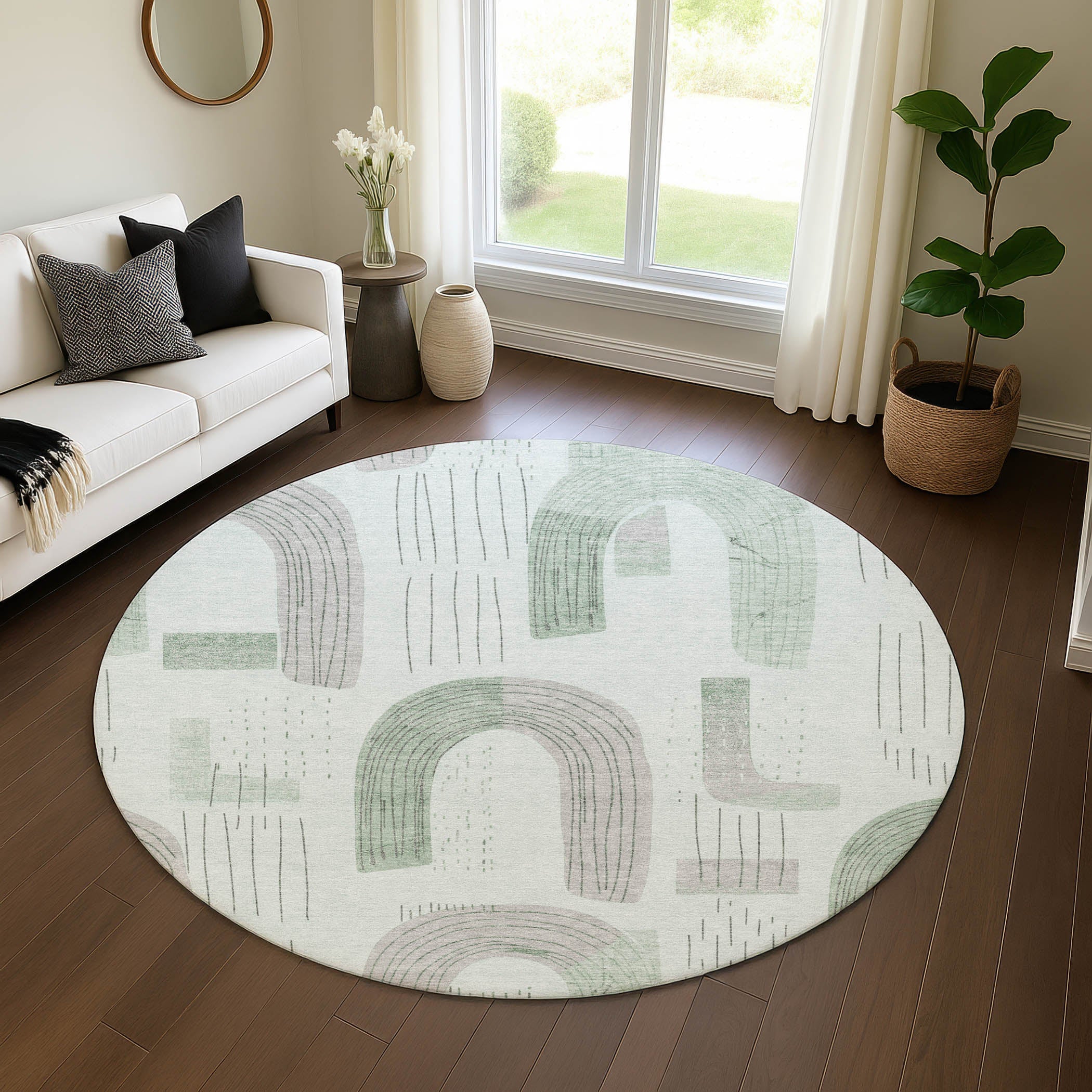 Sarajevo Machine Washable Transitional Mint Green Rug 8' x 8' #shape_Round