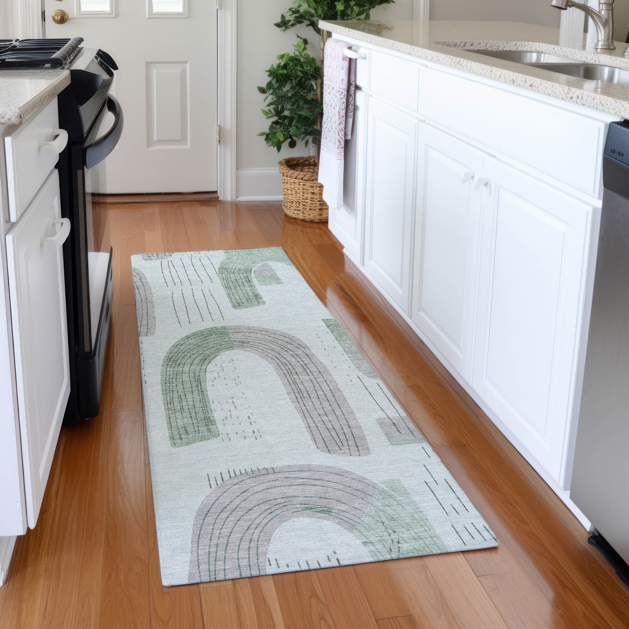 Sarajevo Machine Washable Transitional Mint Green Rug 2'3" x 7'6" #shape_Runner