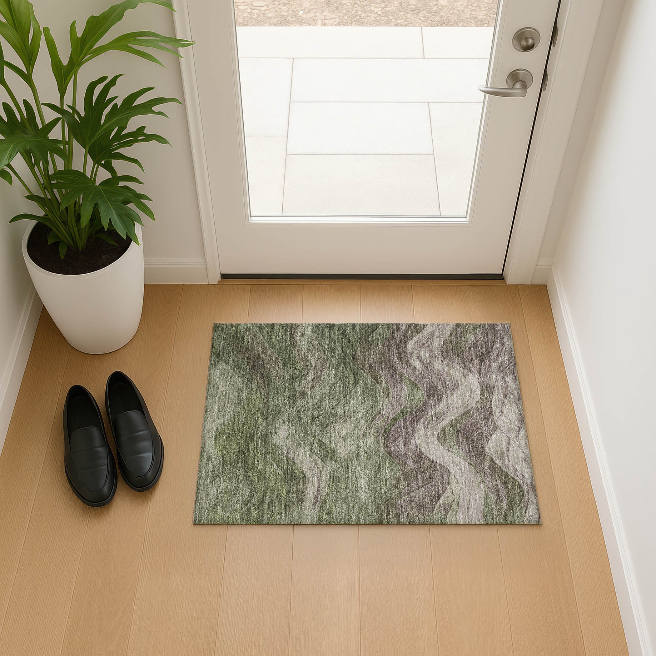 Hoi An Machine Washable Transitional Green Rug 1'8" x 2'6" #shape_Rectangle