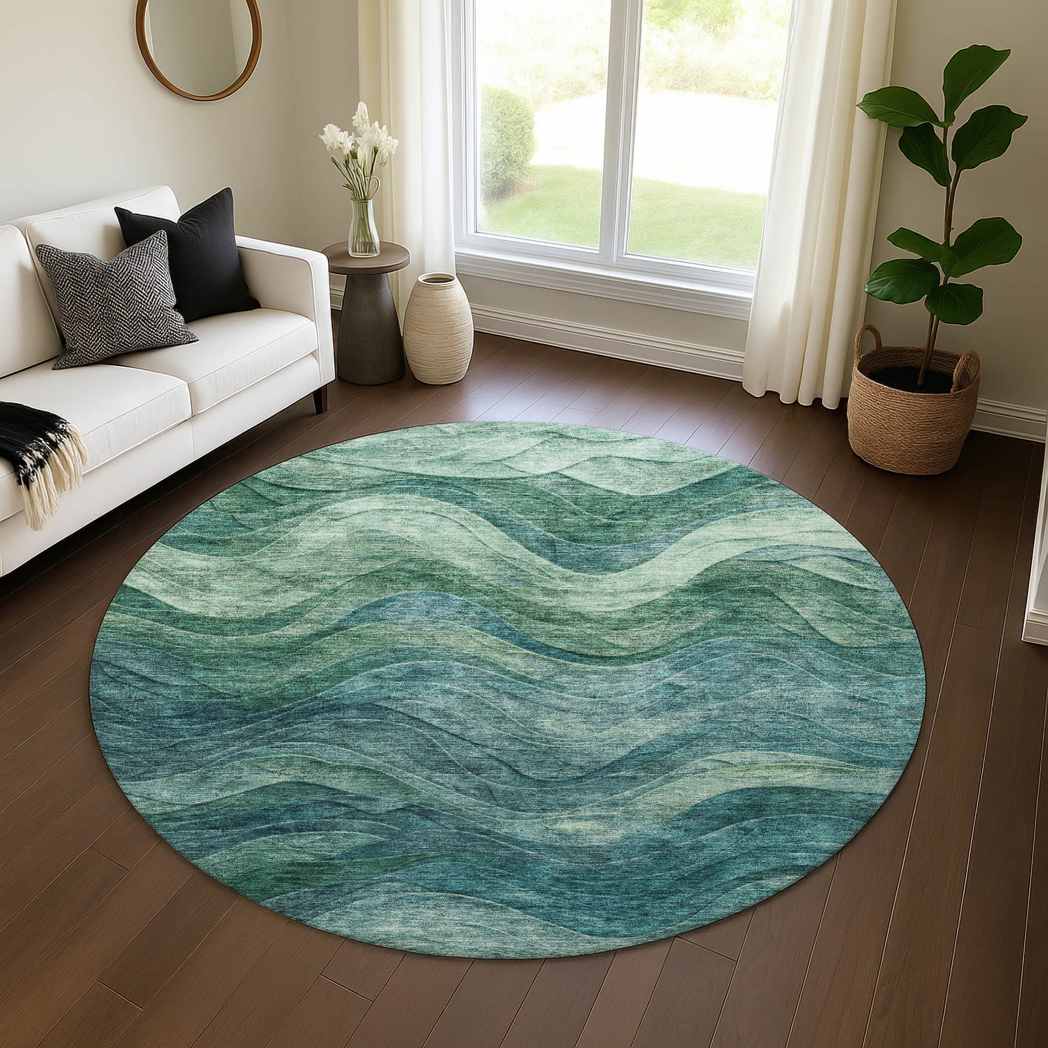 Hoi An Machine Washable Transitional Teal Rug 8' x 8' #shape_Round