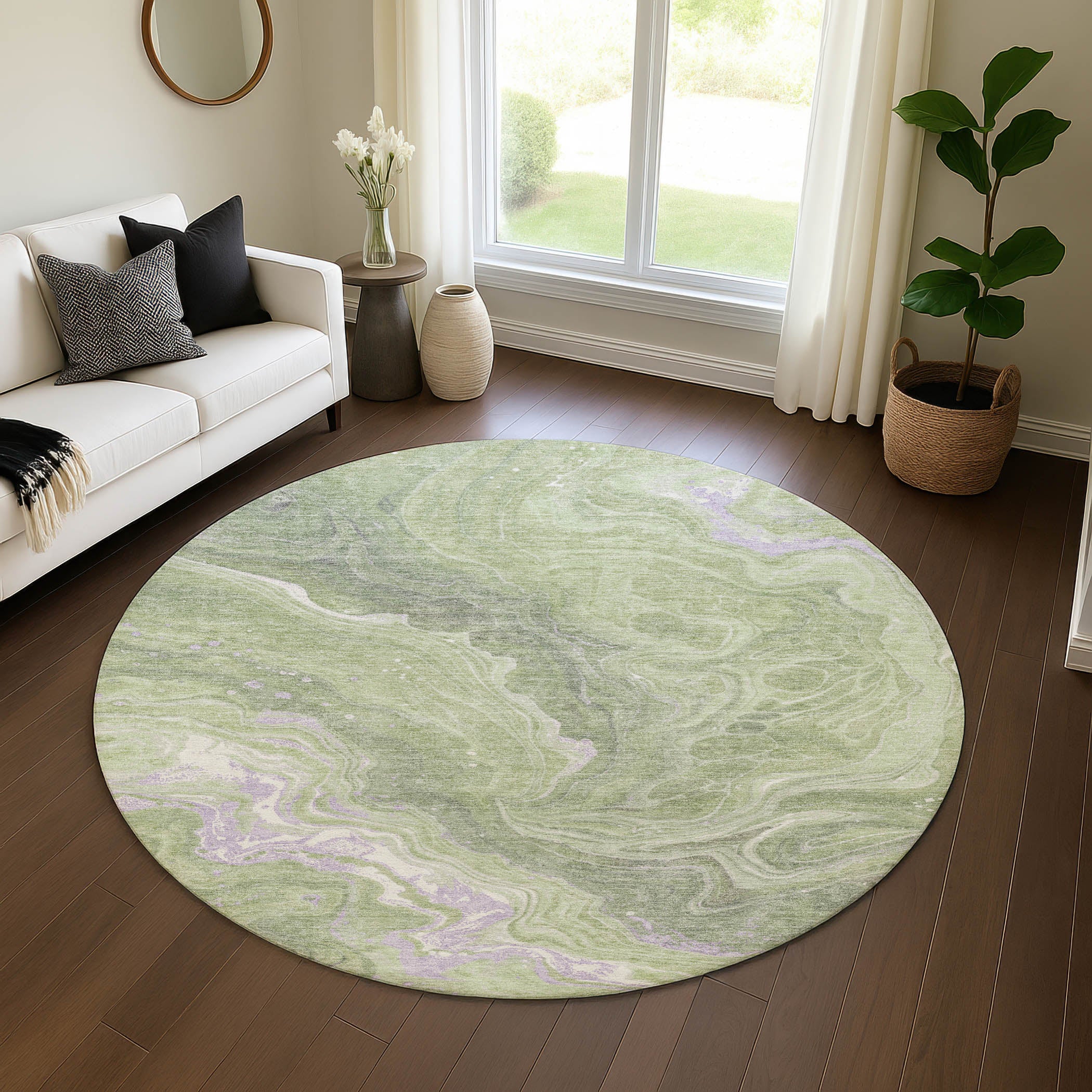 Lima Machine Washable Transitional Aloe Green Rug 8' x 8' #shape_Round
