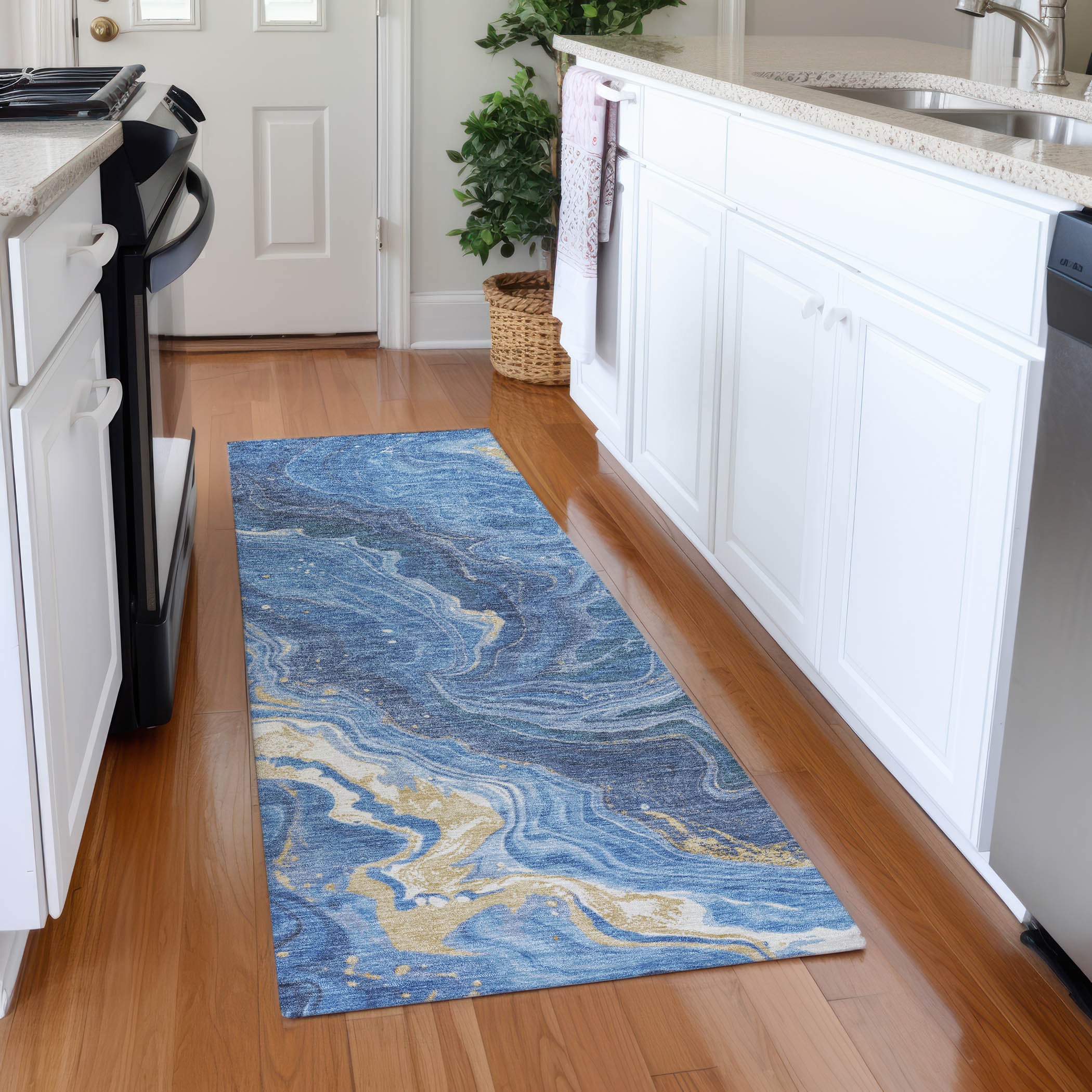 Lima Machine Washable Transitional Blue Rug 2'3" x 7'6" #shape_Runner