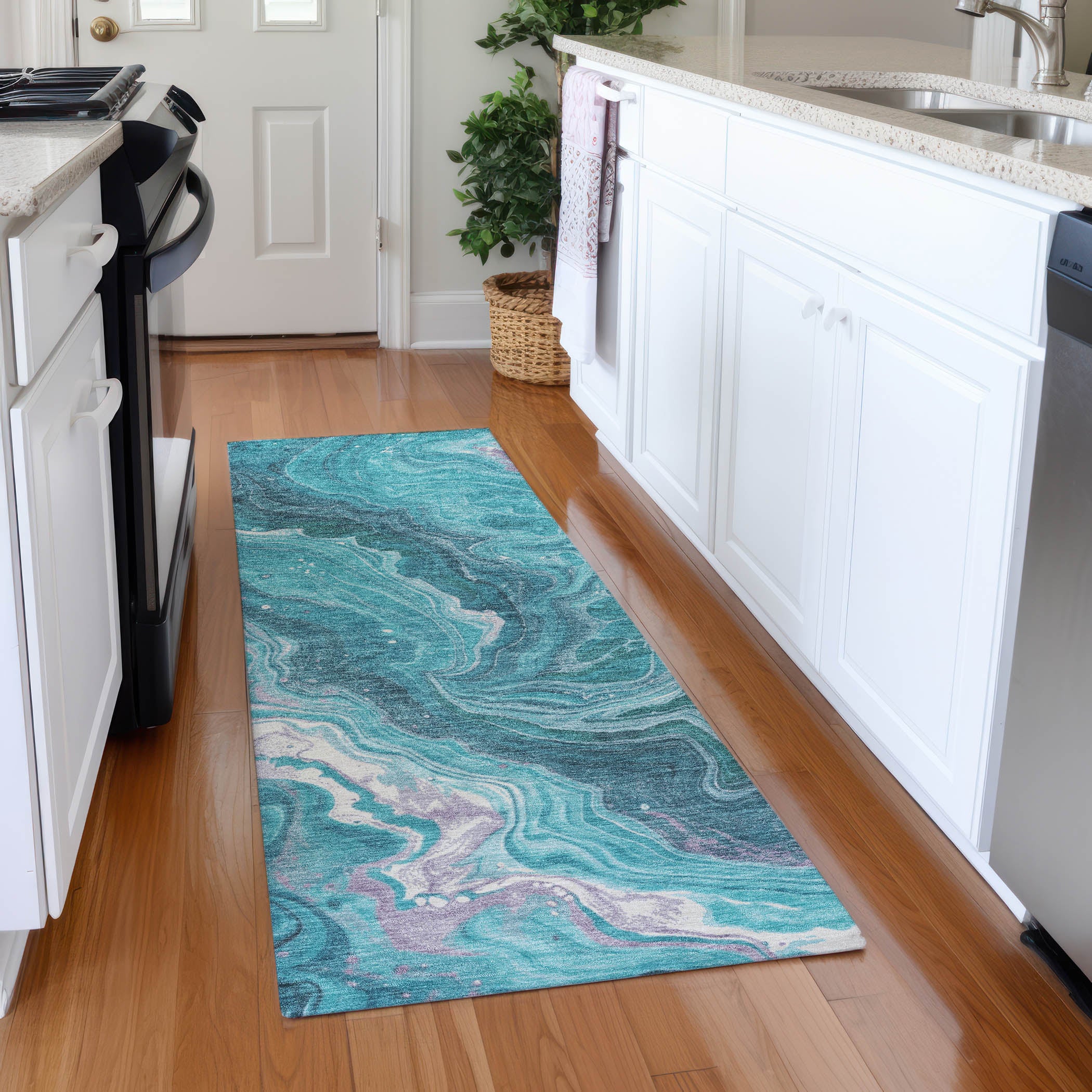 Lima Machine Washable Transitional Teal Rug 2'3" x 7'6" #shape_Runner