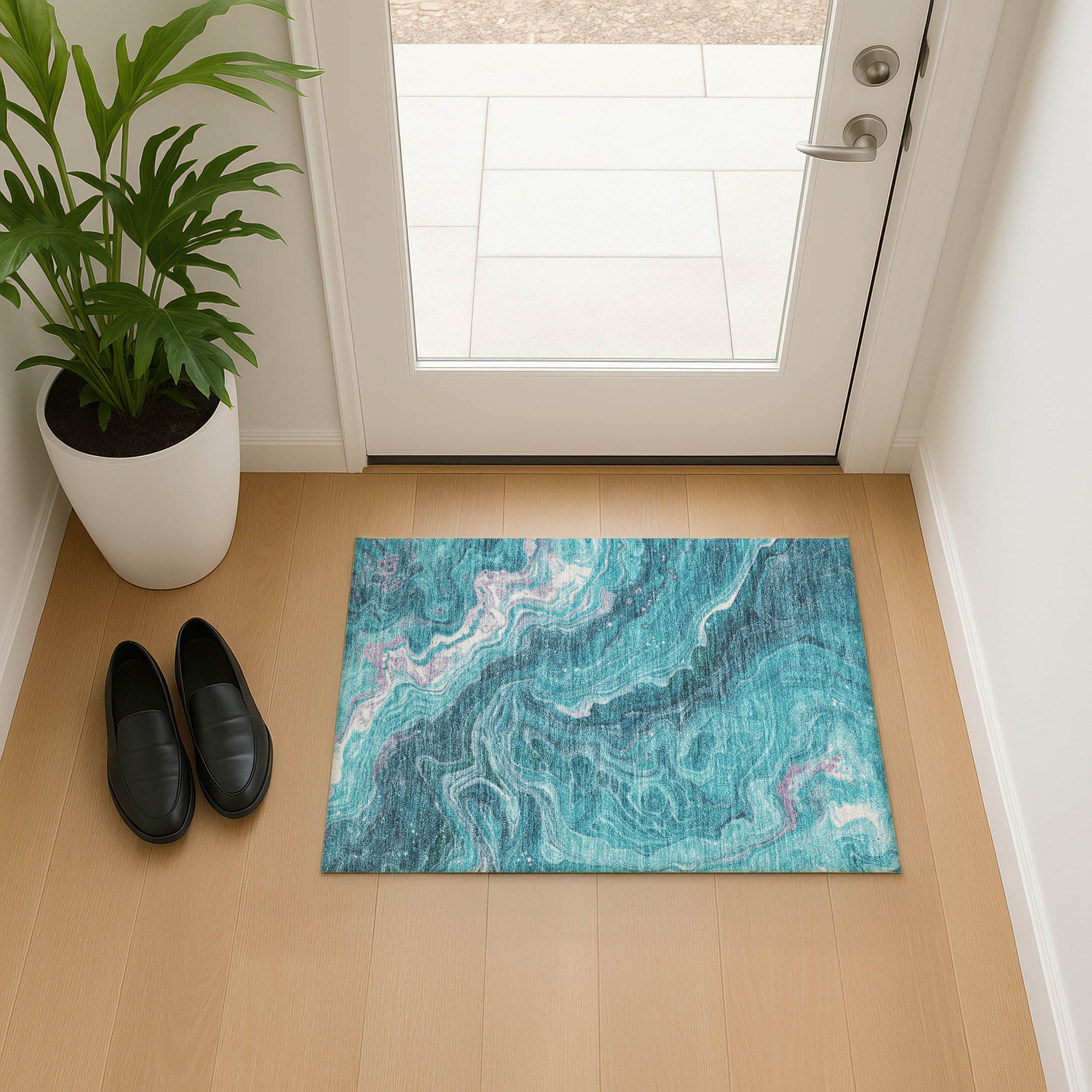 Lima Machine Washable Transitional Teal Rug 1'8" x 2'6" #shape_Rectangle