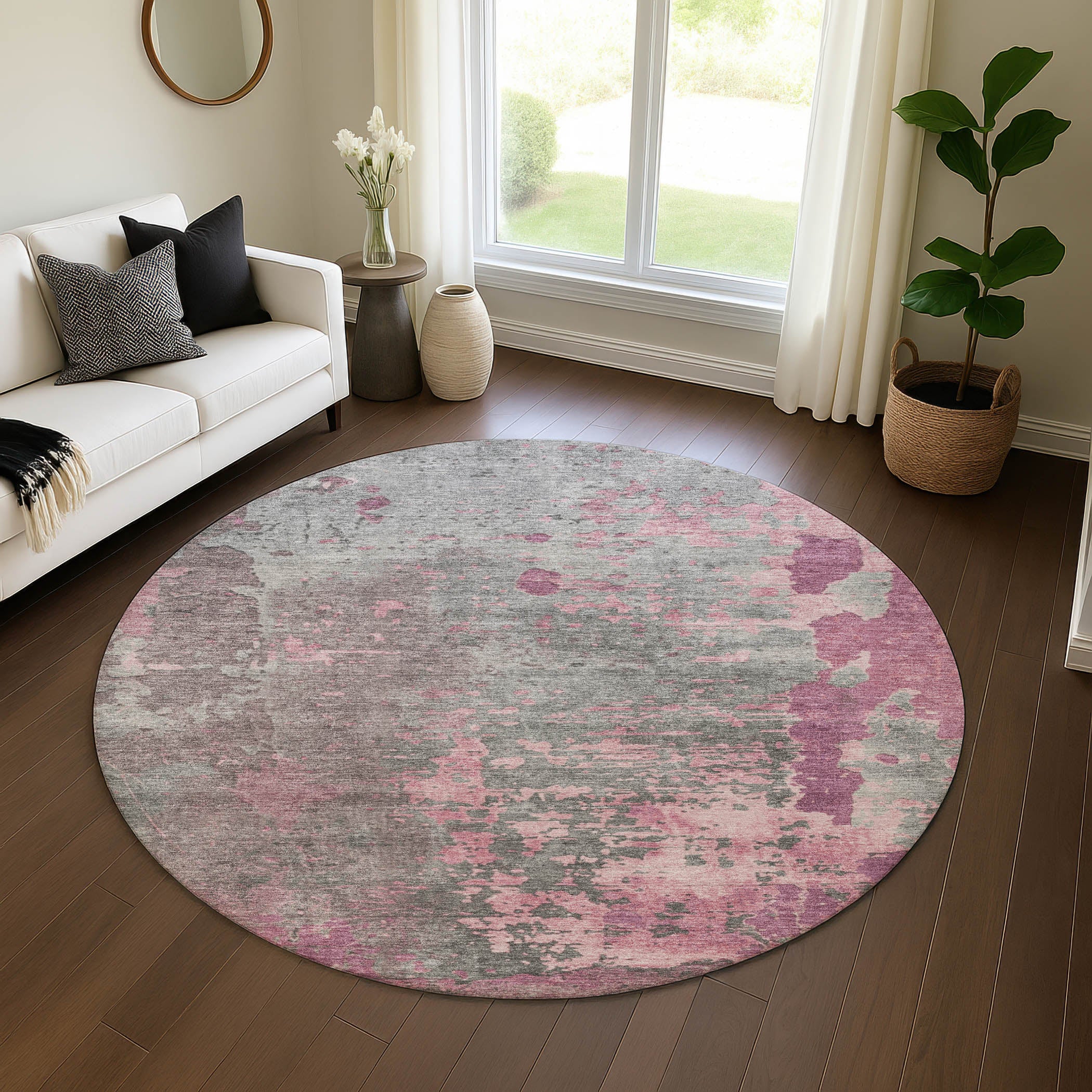 Chiang Mai Machine Washable Transitional Blush Pink Rug 8' x 8' #shape_Round