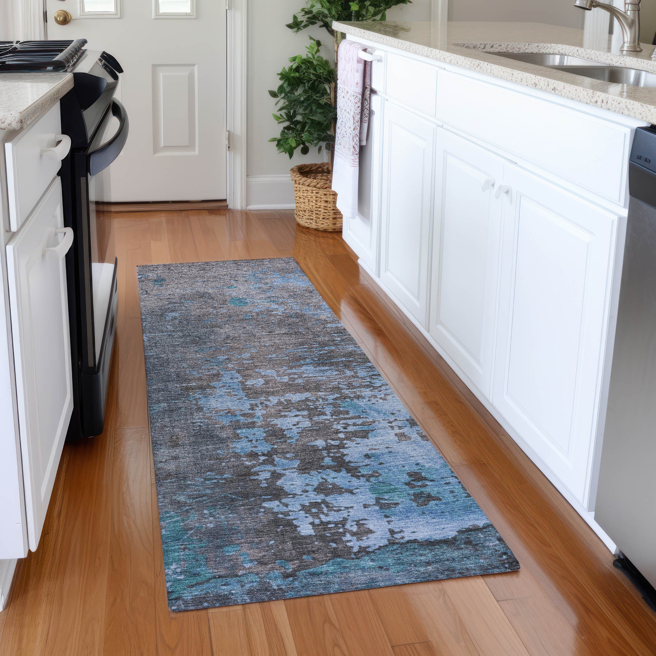 Chiang Mai Machine Washable Transitional Teal Rug 2'3" x 7'6" #shape_Runner