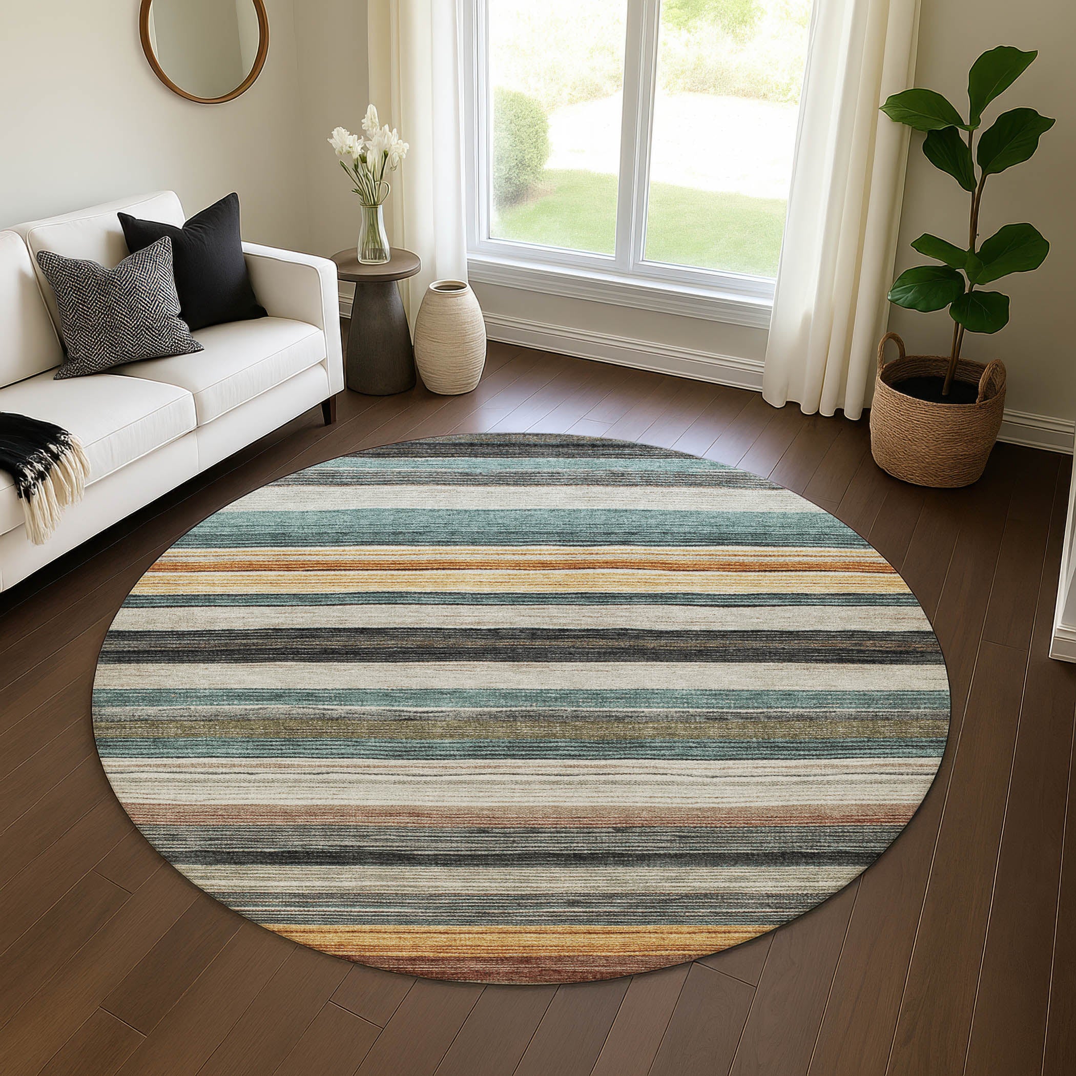 Baku Machine Washable Transitional Beige Brown Rug 8' x 8' #shape_Round