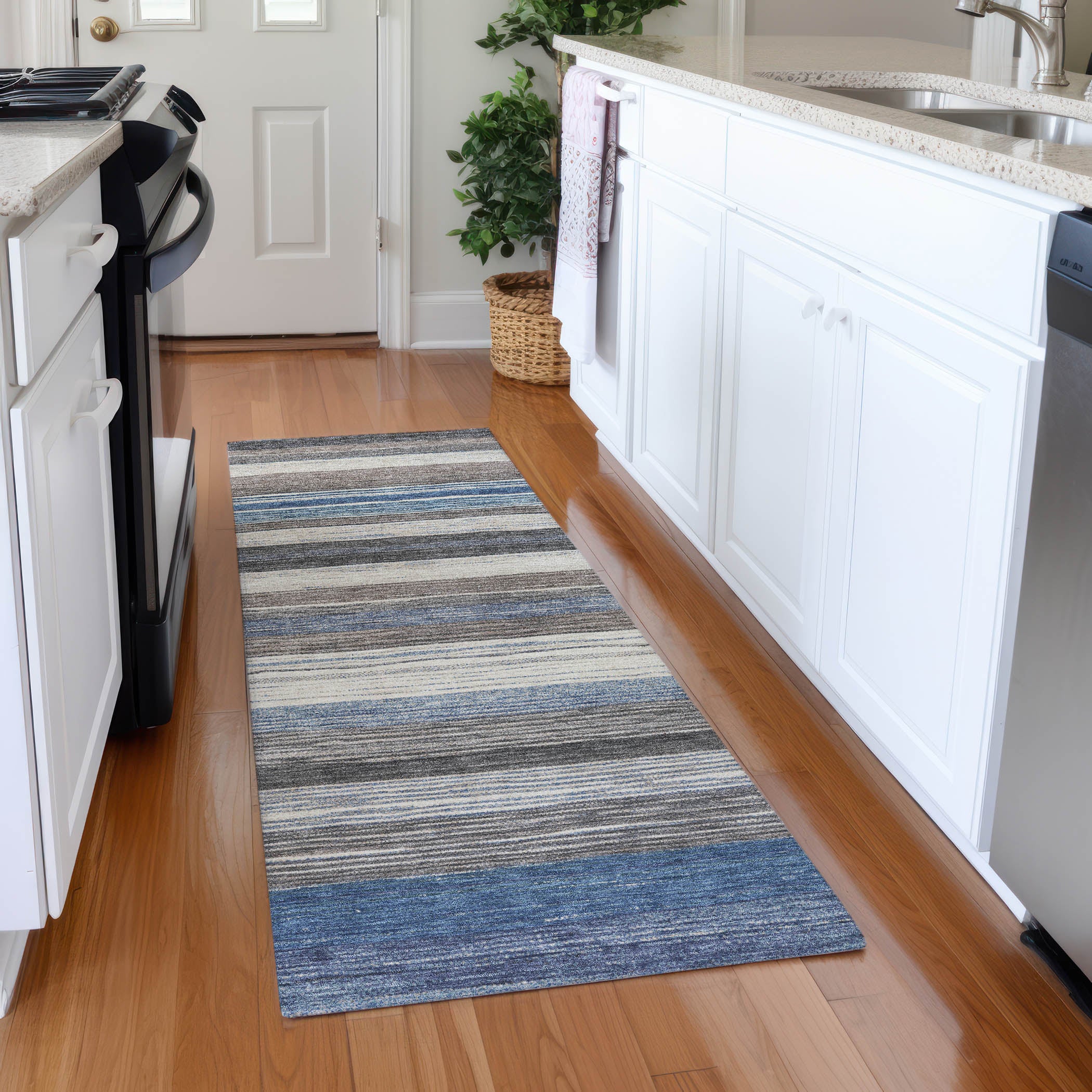 Baku Machine Washable Transitional Denim Blue Rug 2'3" x 7'6" #shape_Runner