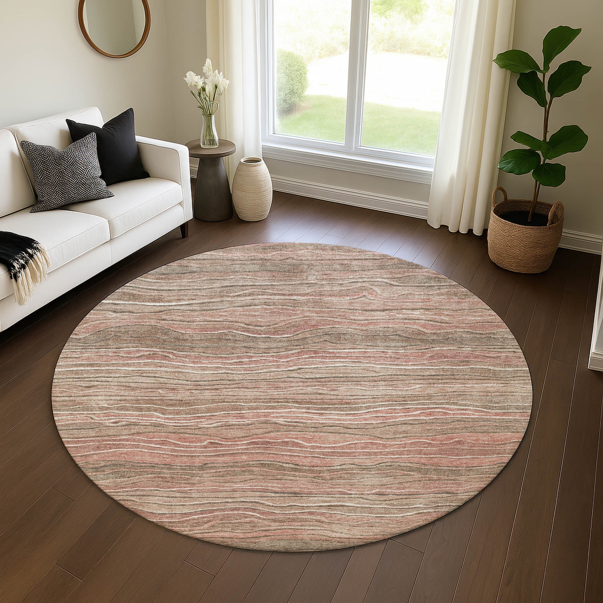 Lisbon Machine Washable Transitional Mocha Brown Rug 8' x 8' #shape_Round