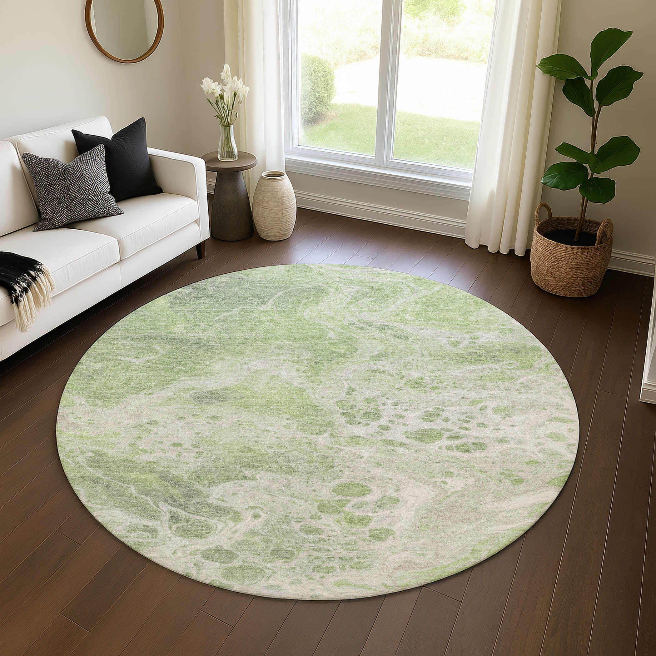 Bruges Machine Washable Transitional Aloe Green Rug 8' x 8' #shape_Round