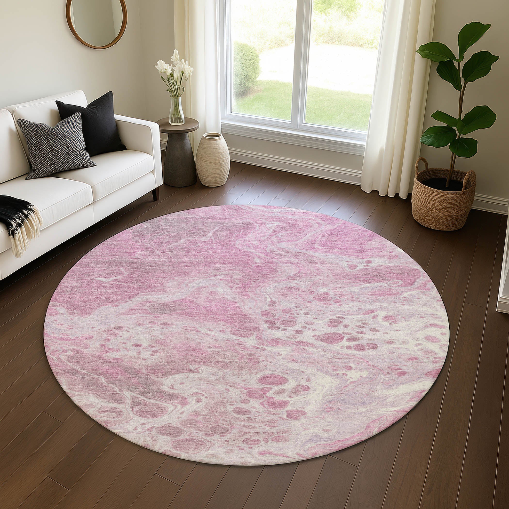 Bruges Machine Washable Transitional Pink Rug 8' x 8' #shape_Round