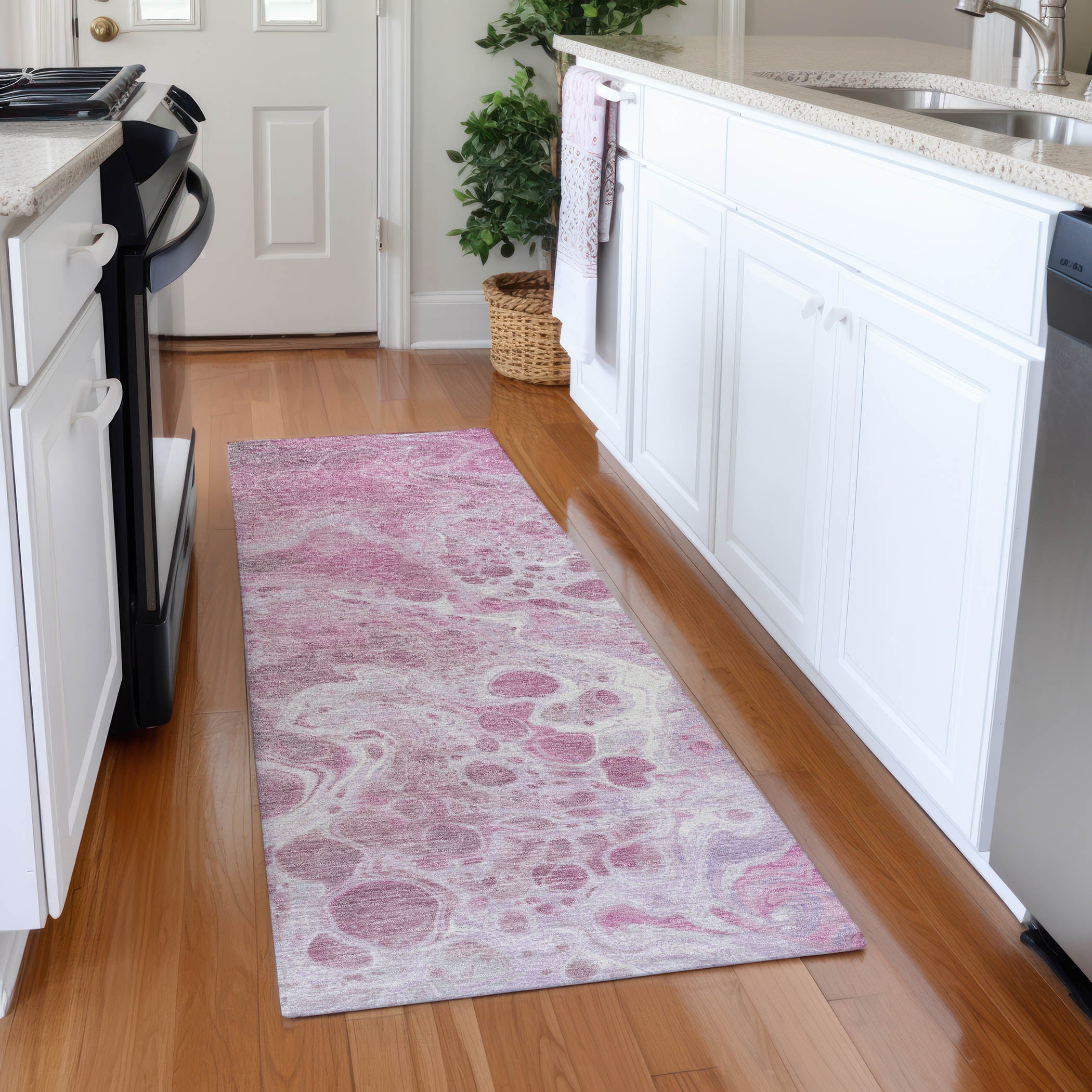 Bruges Machine Washable Transitional Pink Rug 2'3" x 7'6" #shape_Runner