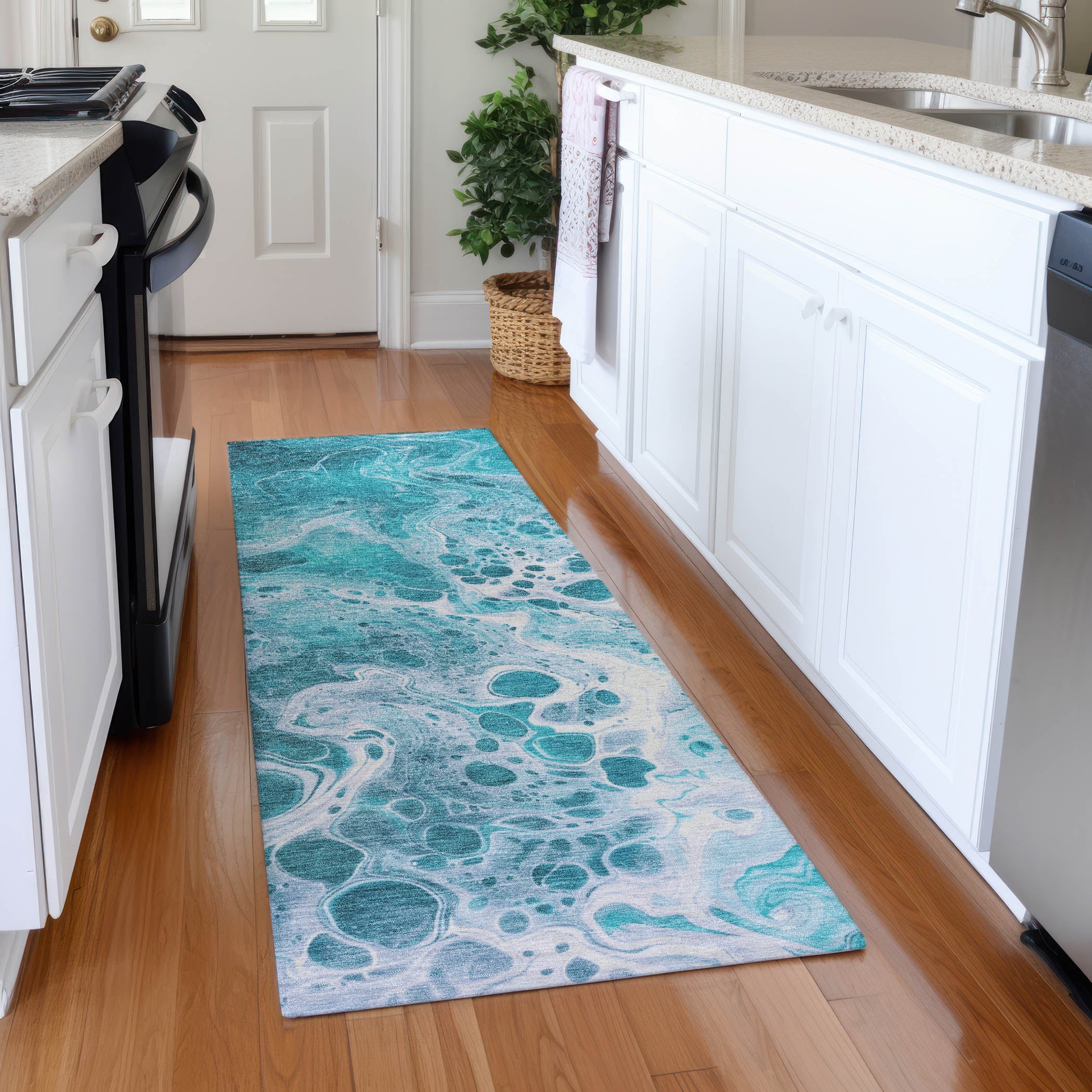 Bruges Machine Washable Transitional Teal Rug 2'3" x 7'6" #shape_Runner