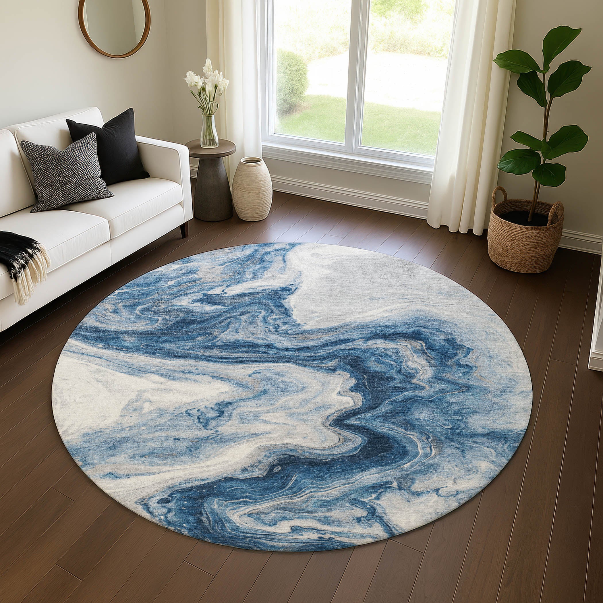 Reykjavik Machine Washable Transitional Navy Blue Rug 8' x 8' #shape_Round