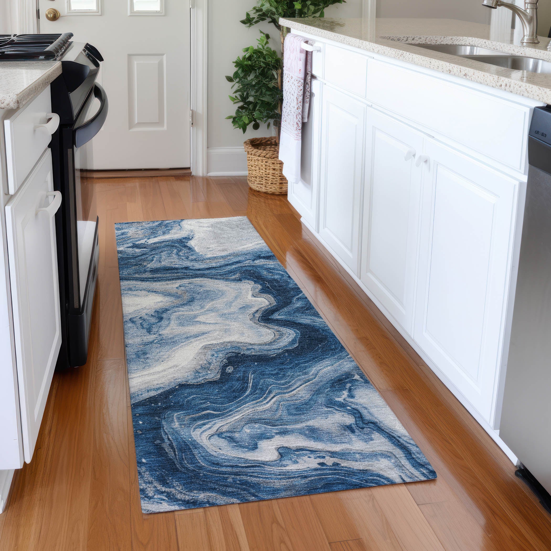 Reykjavik Machine Washable Transitional Navy Blue Rug 2'3" x 7'6" #shape_Runner
