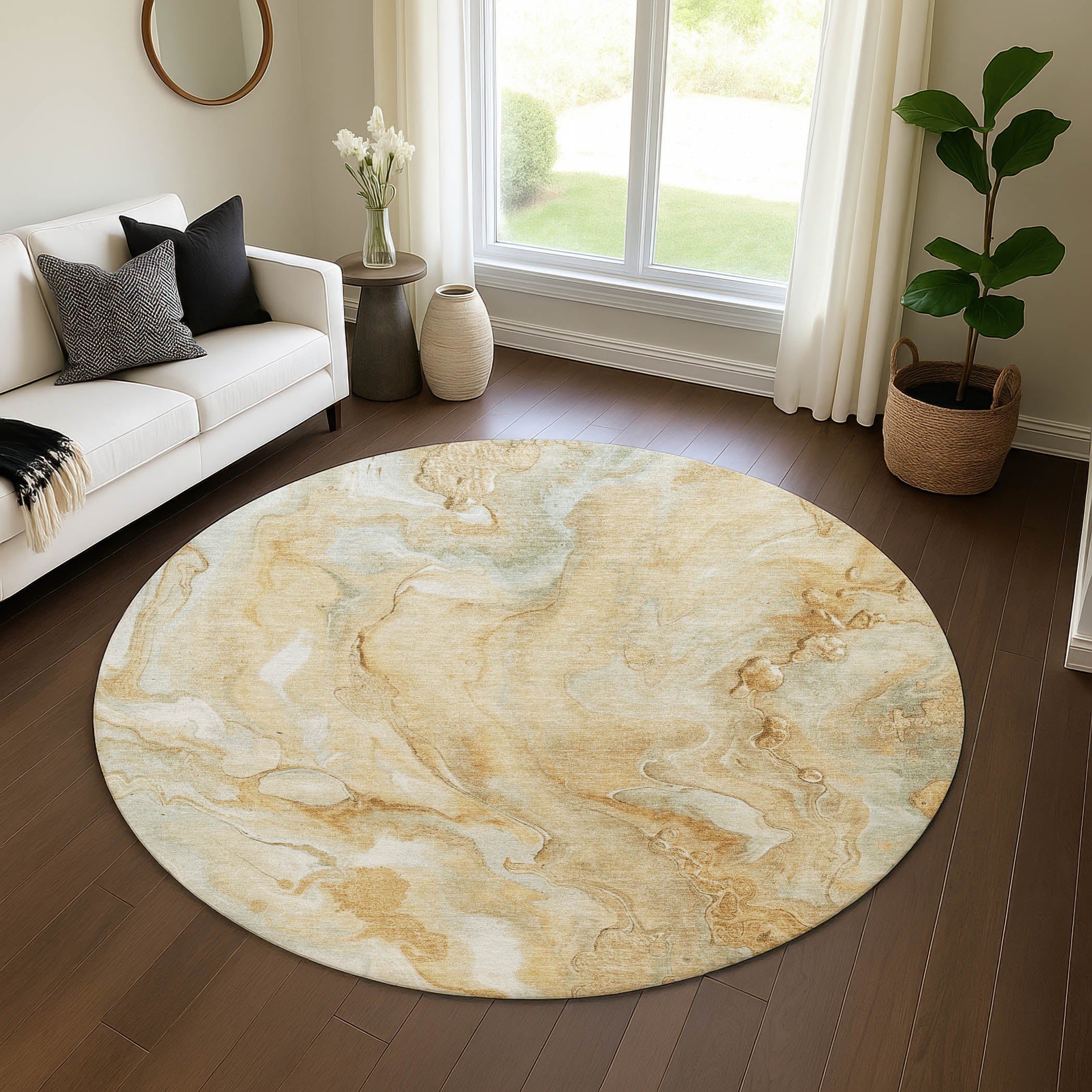 Santorini Machine Washable Transitional Gold Rug 8' x 8' #shape_Round