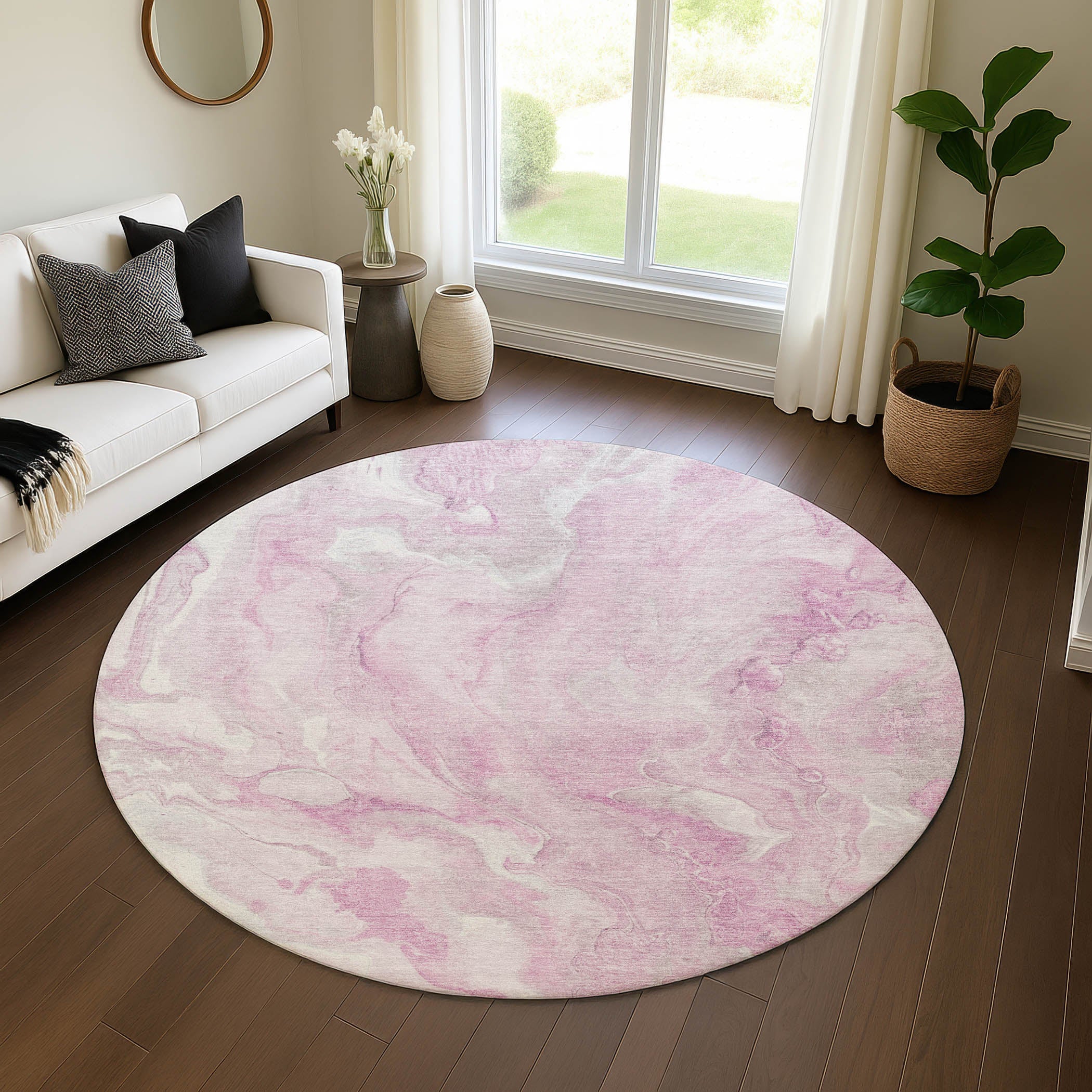 Santorini Machine Washable Transitional Pink Rug 8' x 8' #shape_Round