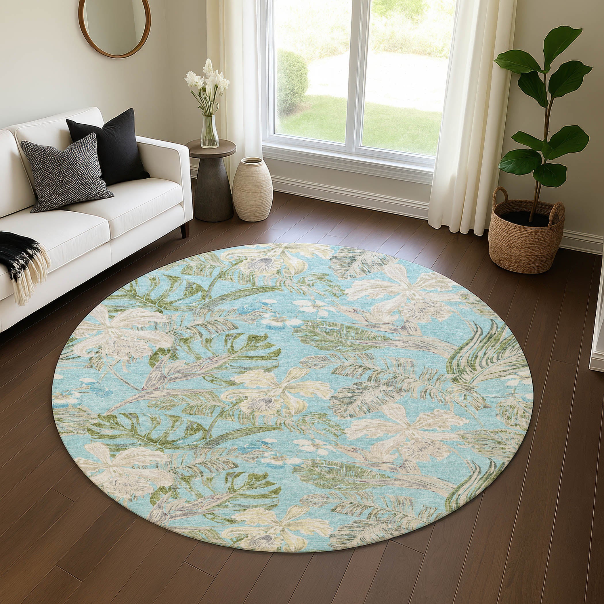 Dubrovnik Machine Washable Transitional Teal Rug 8' x 8' #shape_Round