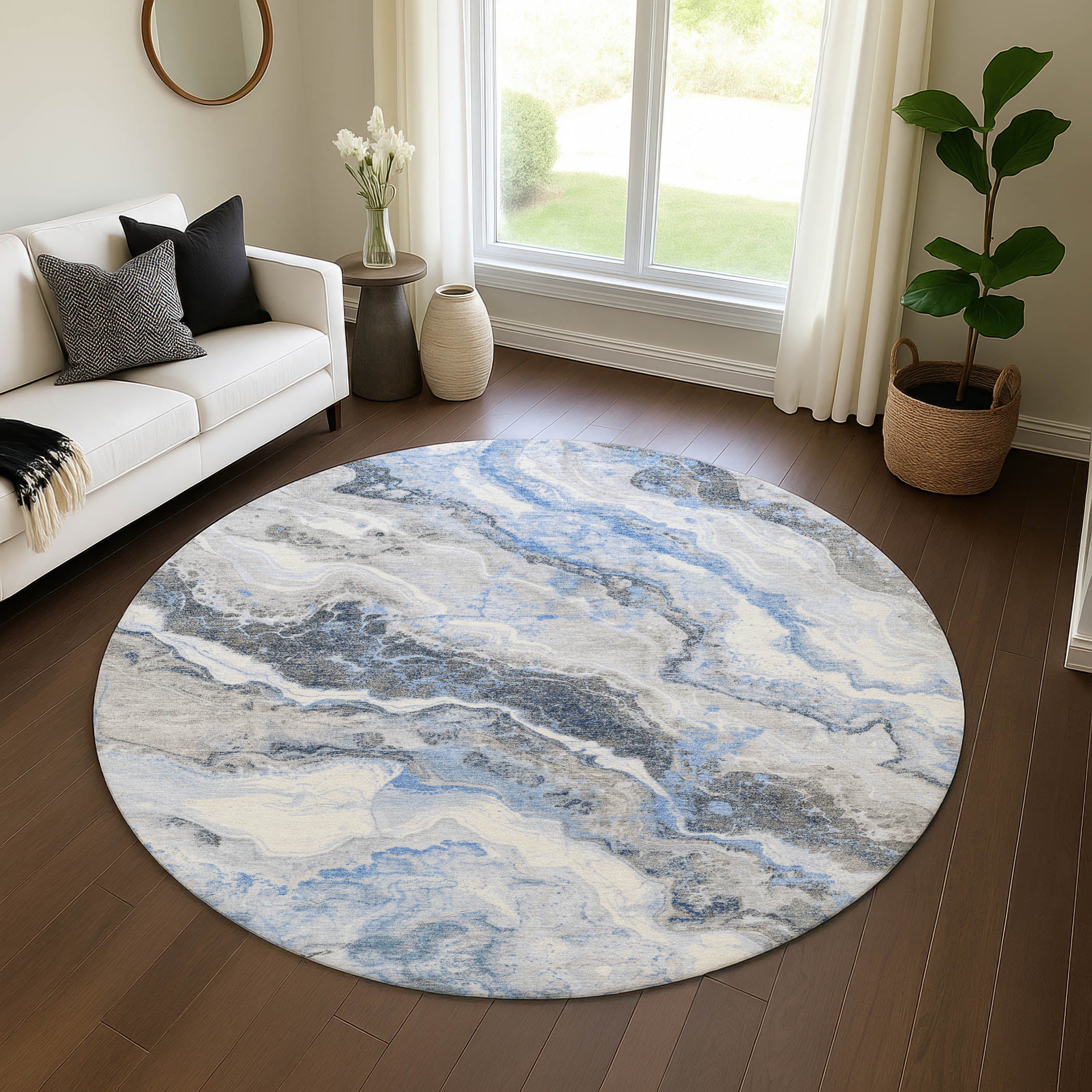 Reykjavik Machine Washable Transitional Blue Rug 8' x 8' #shape_Round