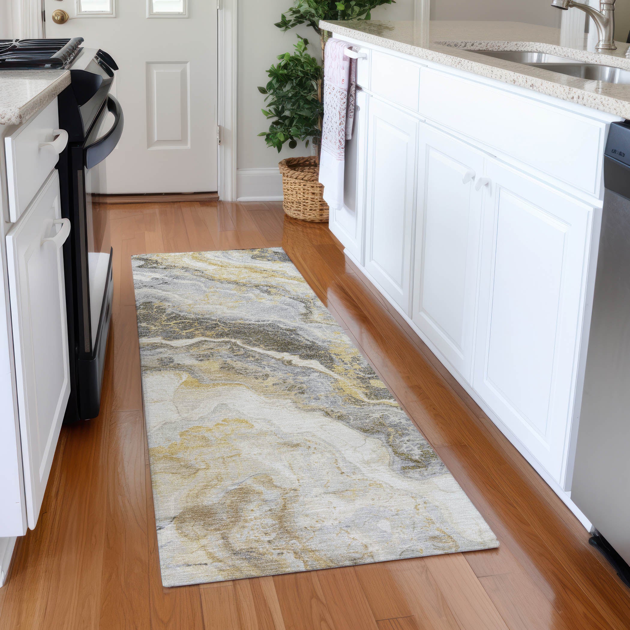 Reykjavik Machine Washable Transitional Gold Rug 2'3" x 7'6" #shape_Runner